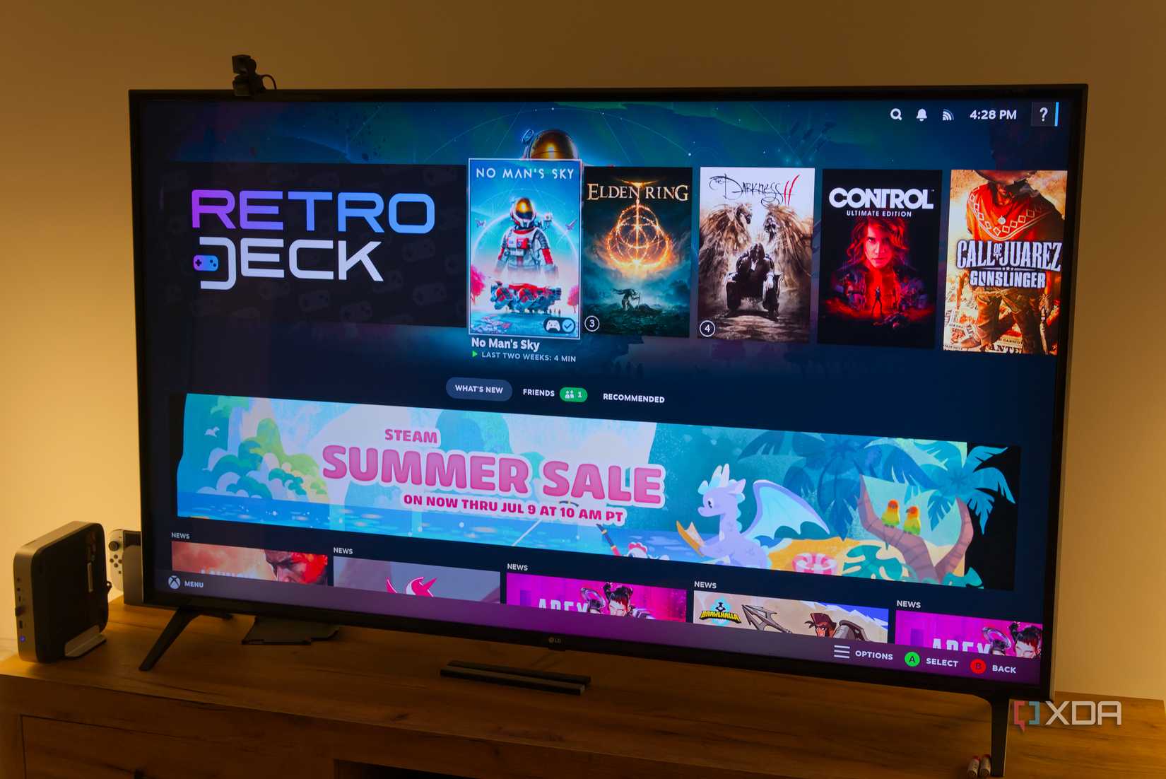 A TV displaying the Steam Gaming Mode UI on SteamOS