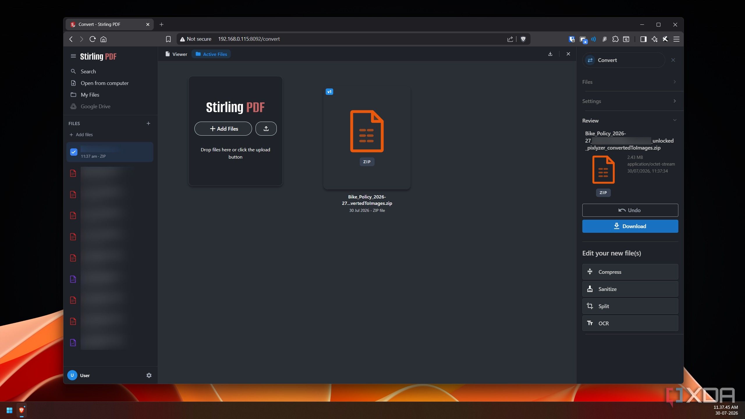 Reviewing a compressed PDF file in Stirling PDF before download.