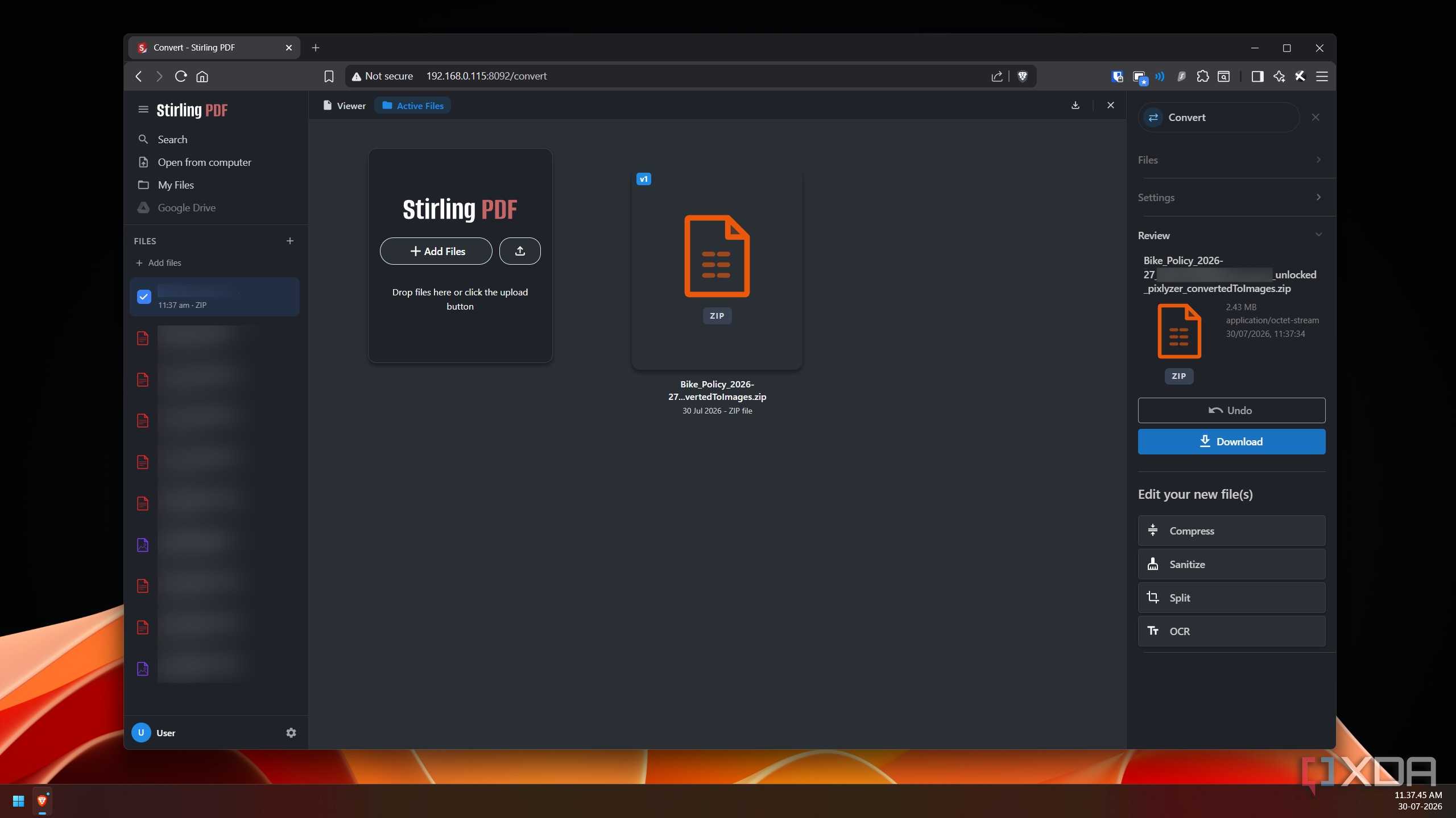 Reviewing a compressed PDF file in Stirling PDF before download.