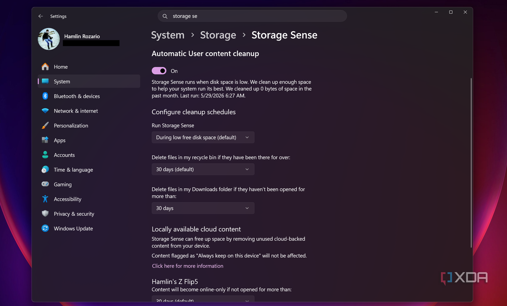 Как настройка Storage Sense в Windows 11 помогла освободить 30 ГБ места Настройки Storage Sense для папки Загрузки