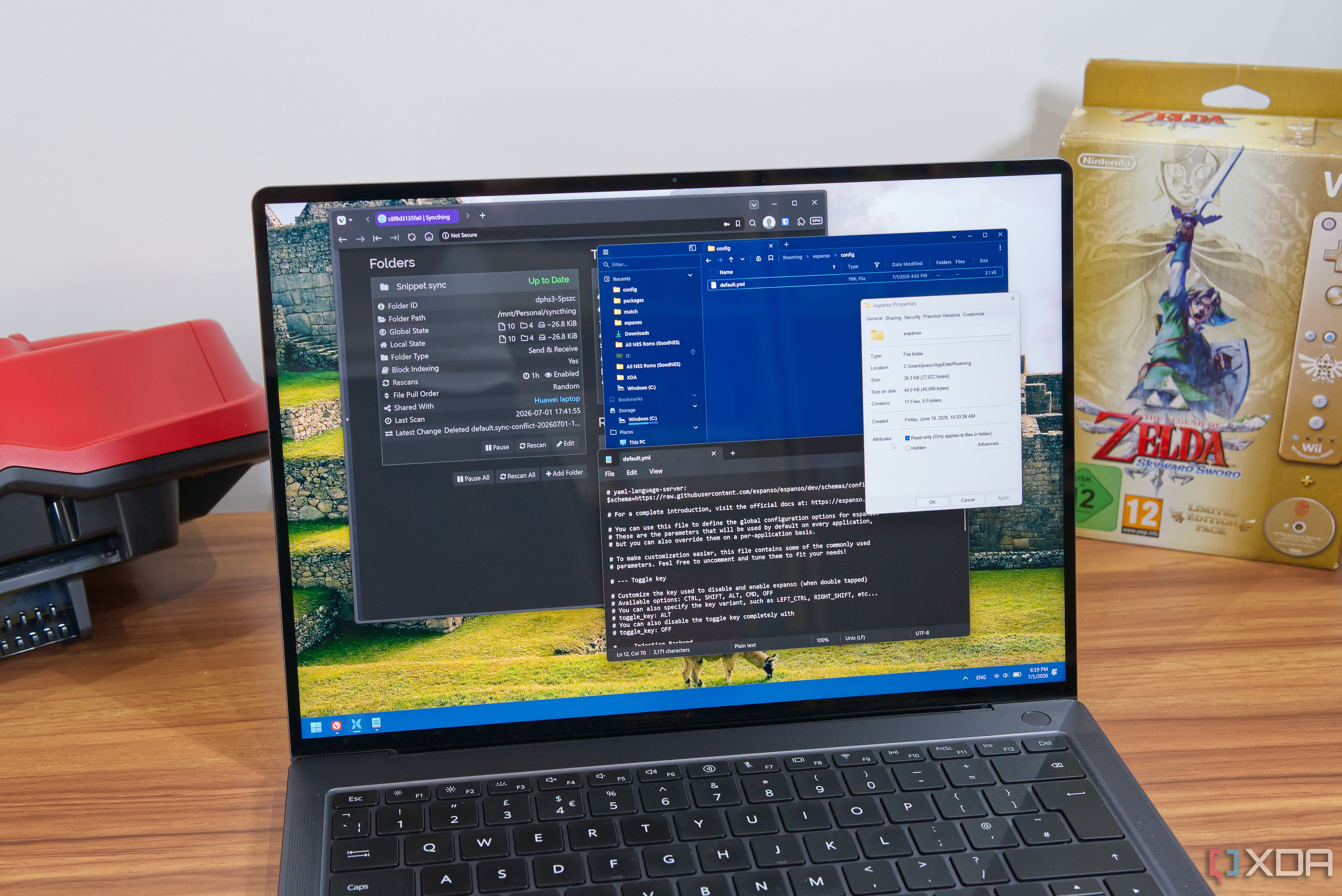 A laptop showing the Syncthing dashboard enext to the Espanso configuration folder and the YAML file that defines matches