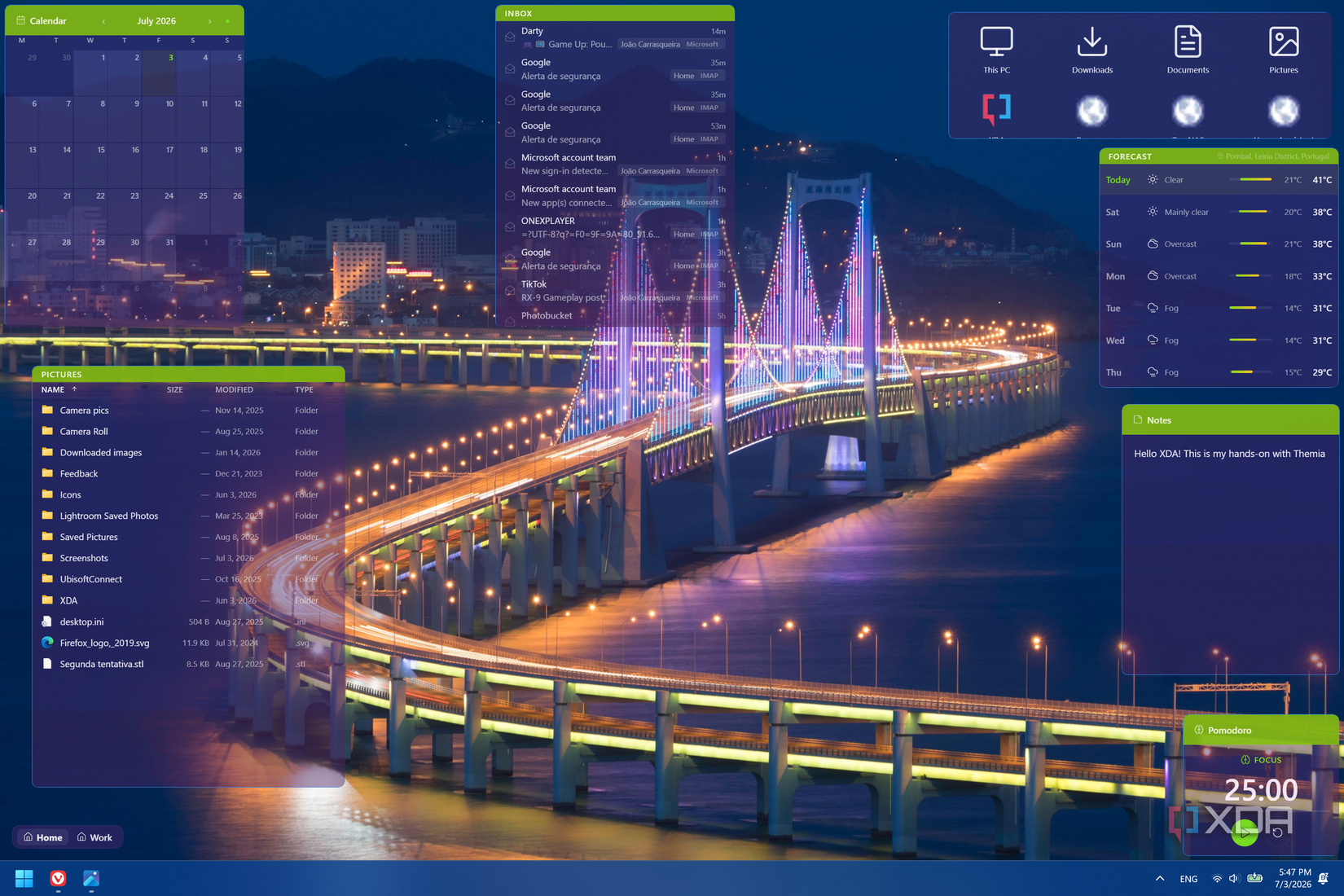 A screenshot of the Windows 11 desktop with various Themia widgets