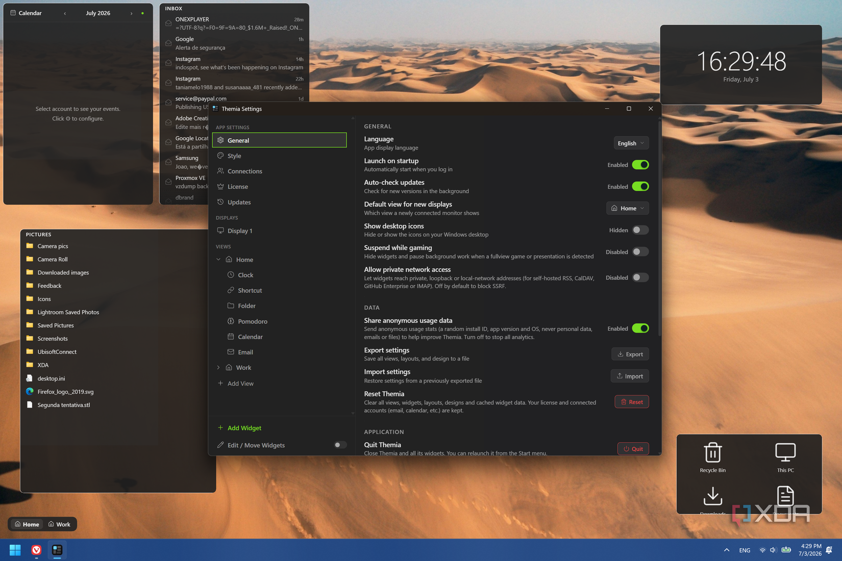 Screenshot of Windows desktop with Themia widgets and configuration window