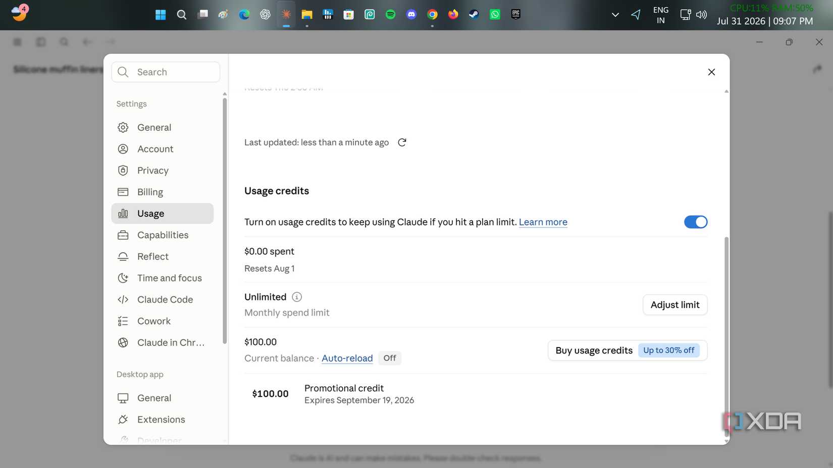 Usage settings in the Claude desktop app.