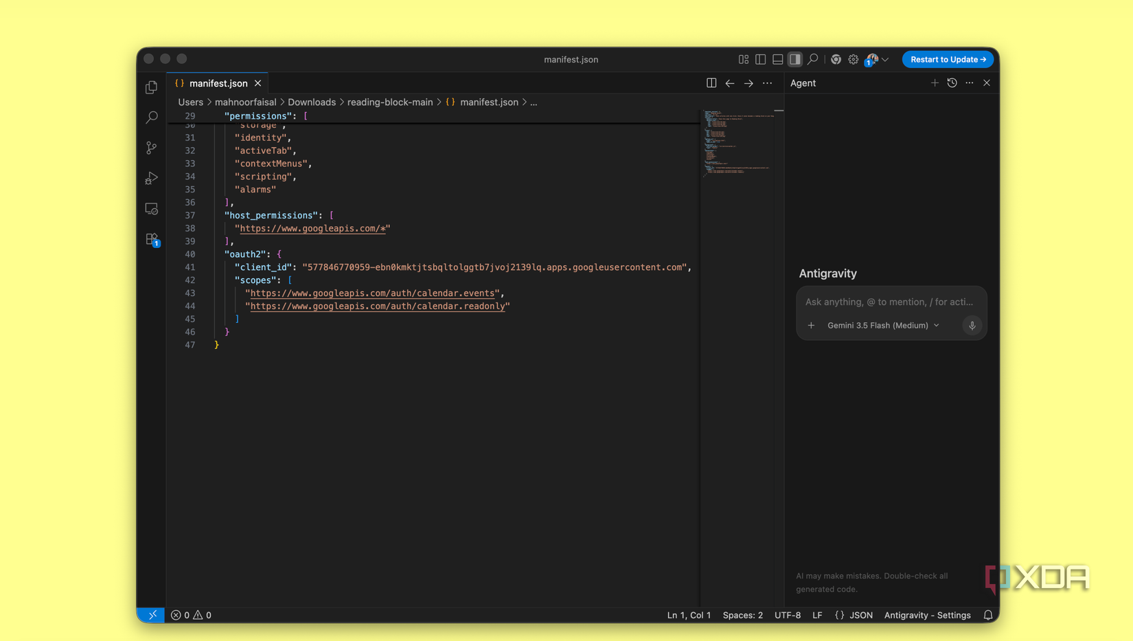 VS Code editing Reading Block manifest.json oauth2 and calendar scopes