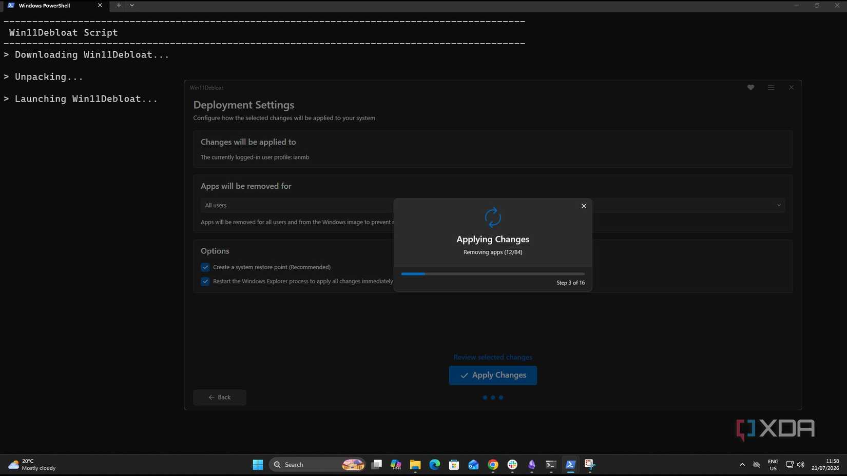 Win11 removal software in progress with GUI and background terminal aspects