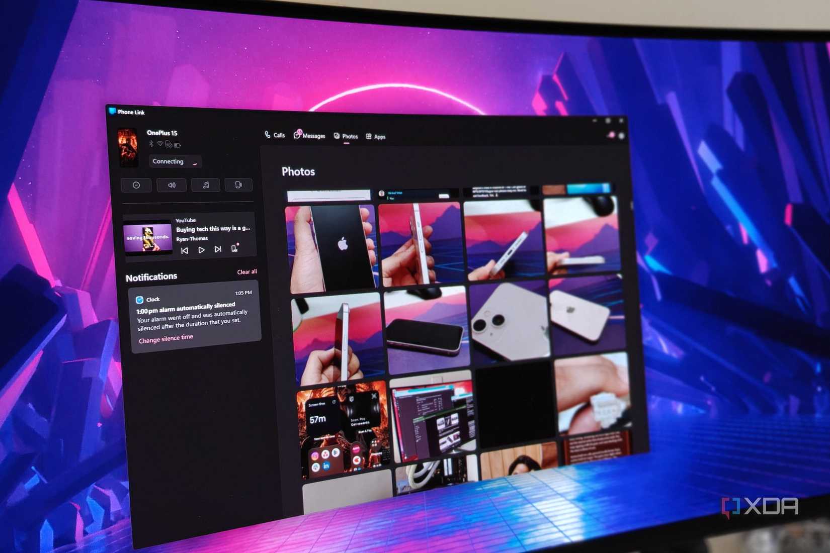 Phone Link app open on Windows 11 desktop on a monitor