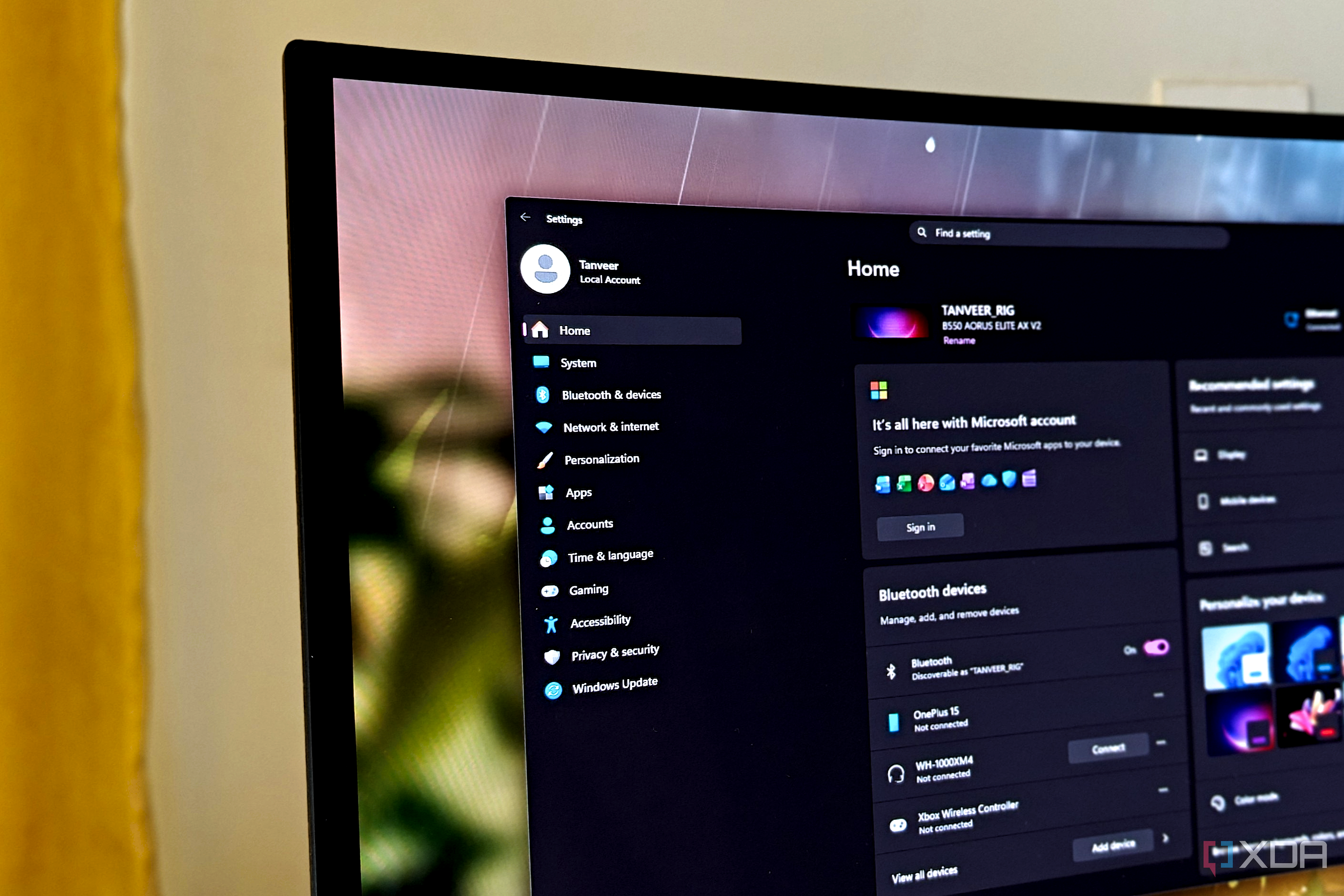 A Windows 11 PC showing a local account in the Settings app