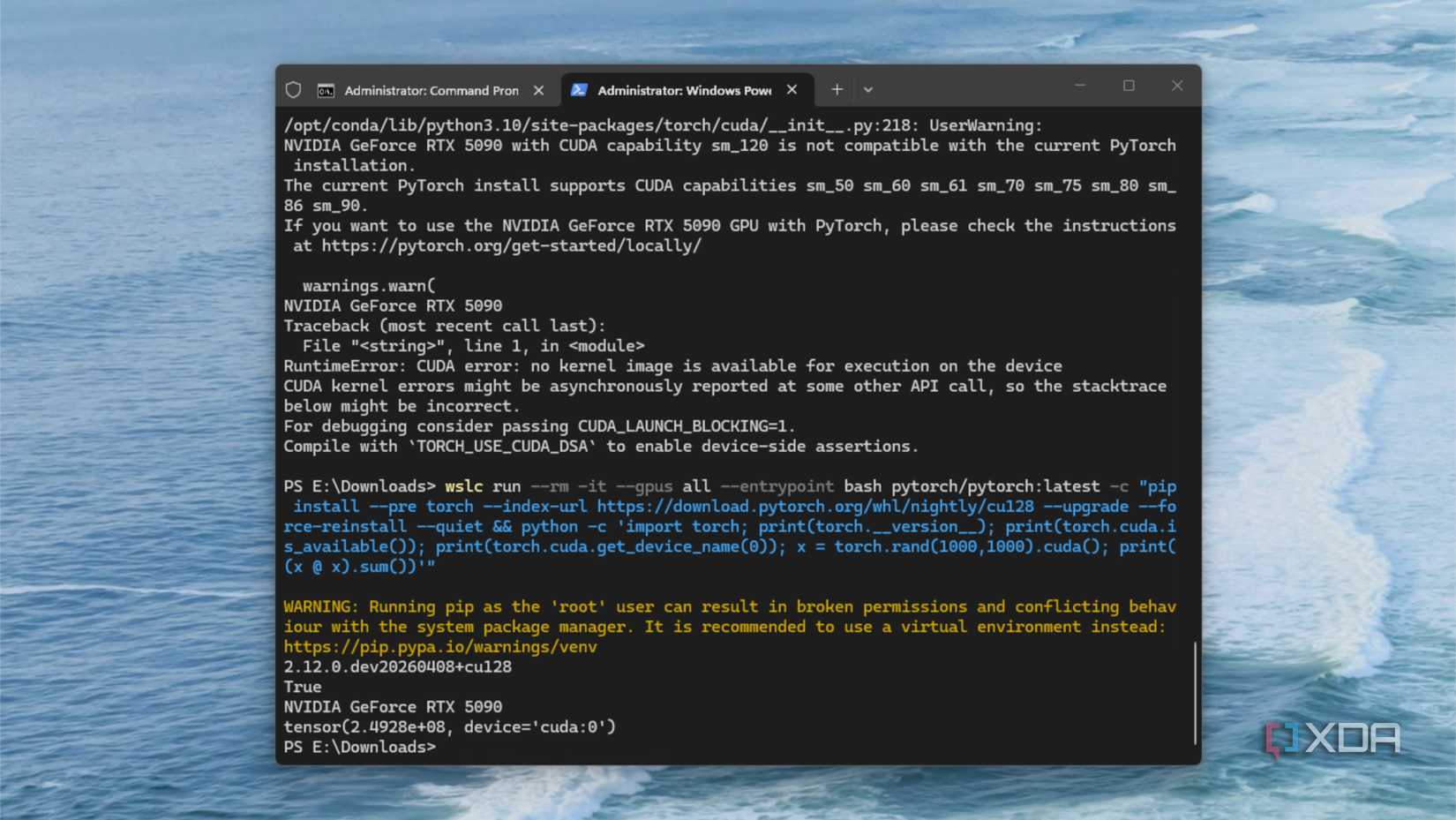 Windows subsystem for Linux container showing how pytorch and cuda work