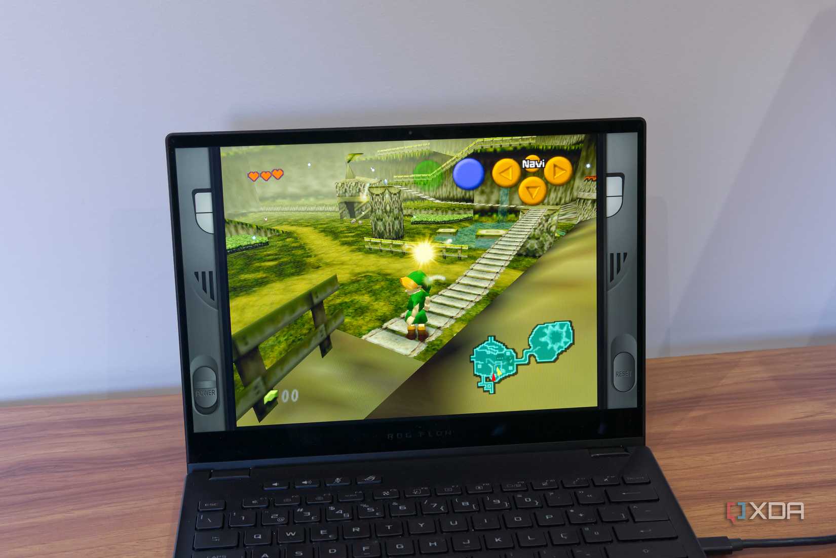 A laptop running The Legend of Zelda: Ocarina of Time in an emulator
