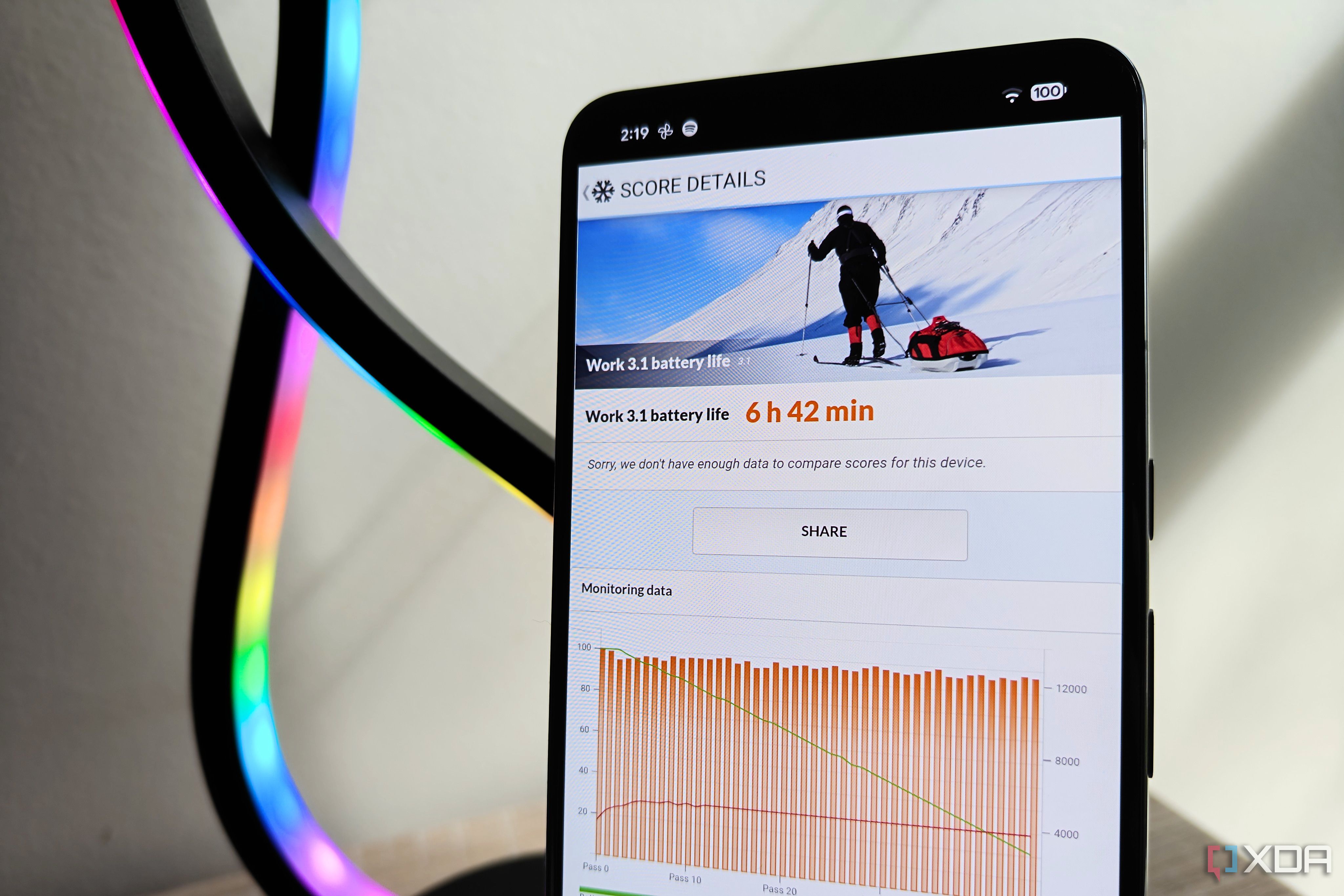 a pixel 8 pro showing a battery benchmark with an led light in the background