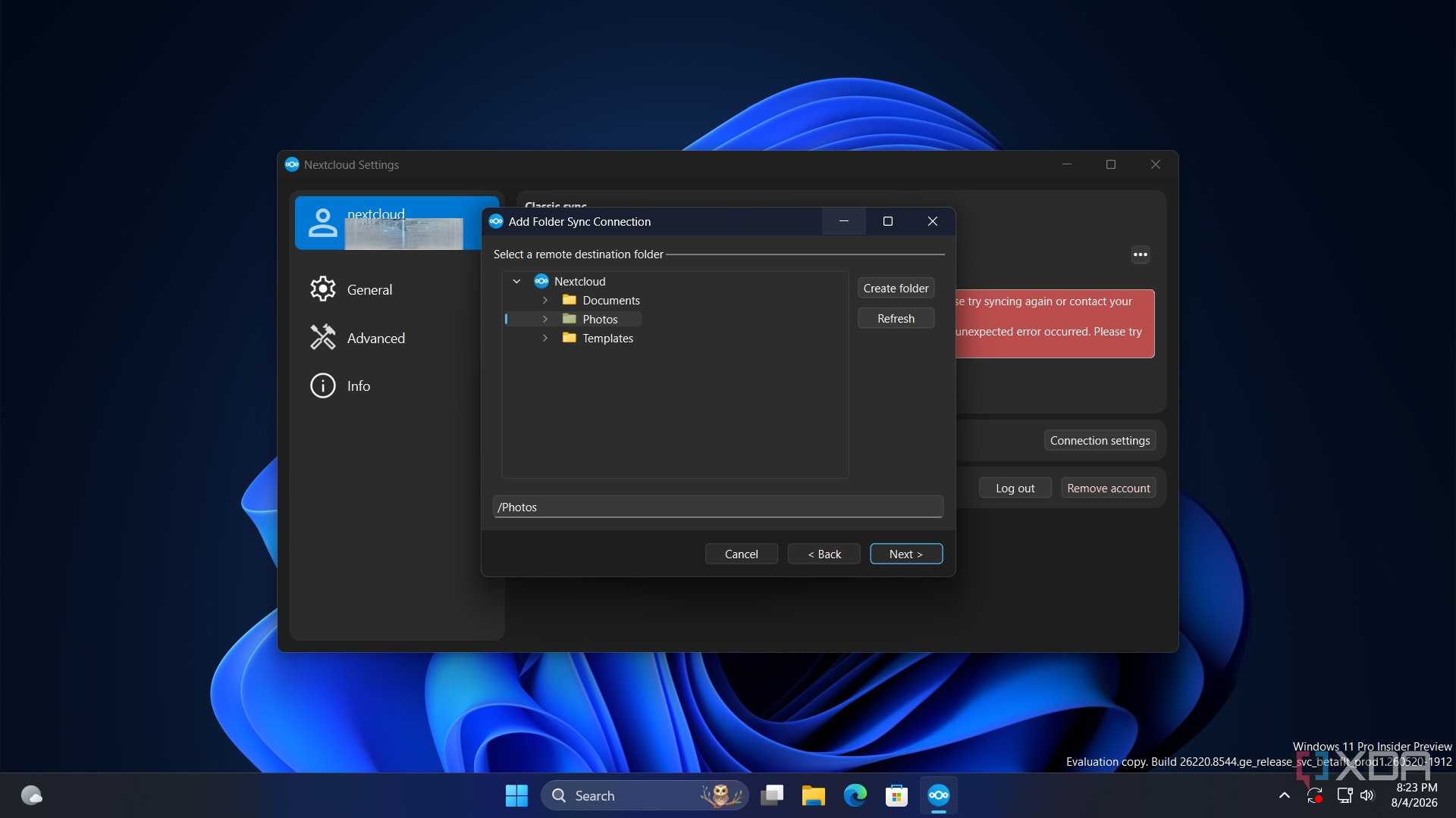 screenshot of add nextcloud folder