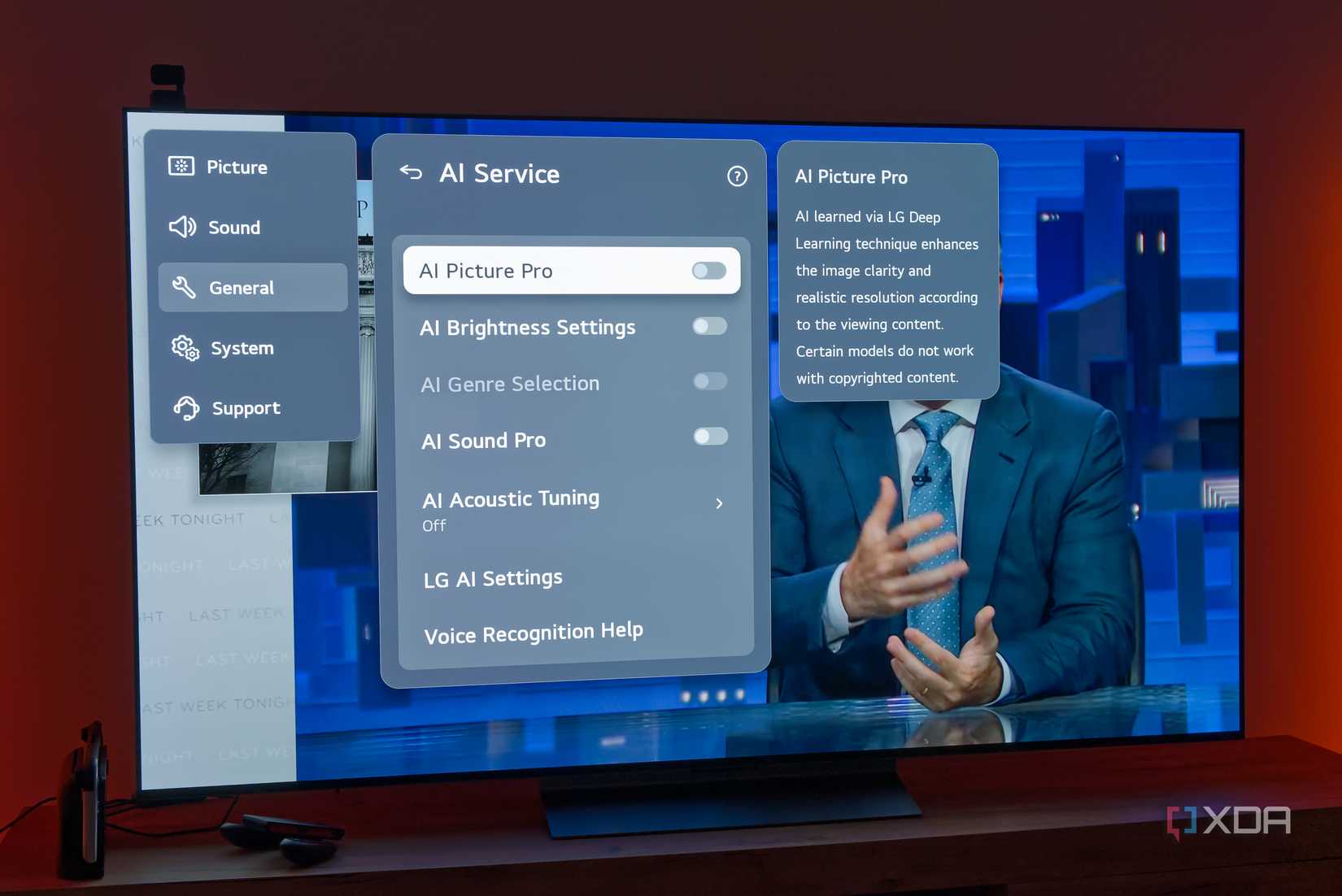 An LG TV displaying the AI Service settings menu with all options disabled
