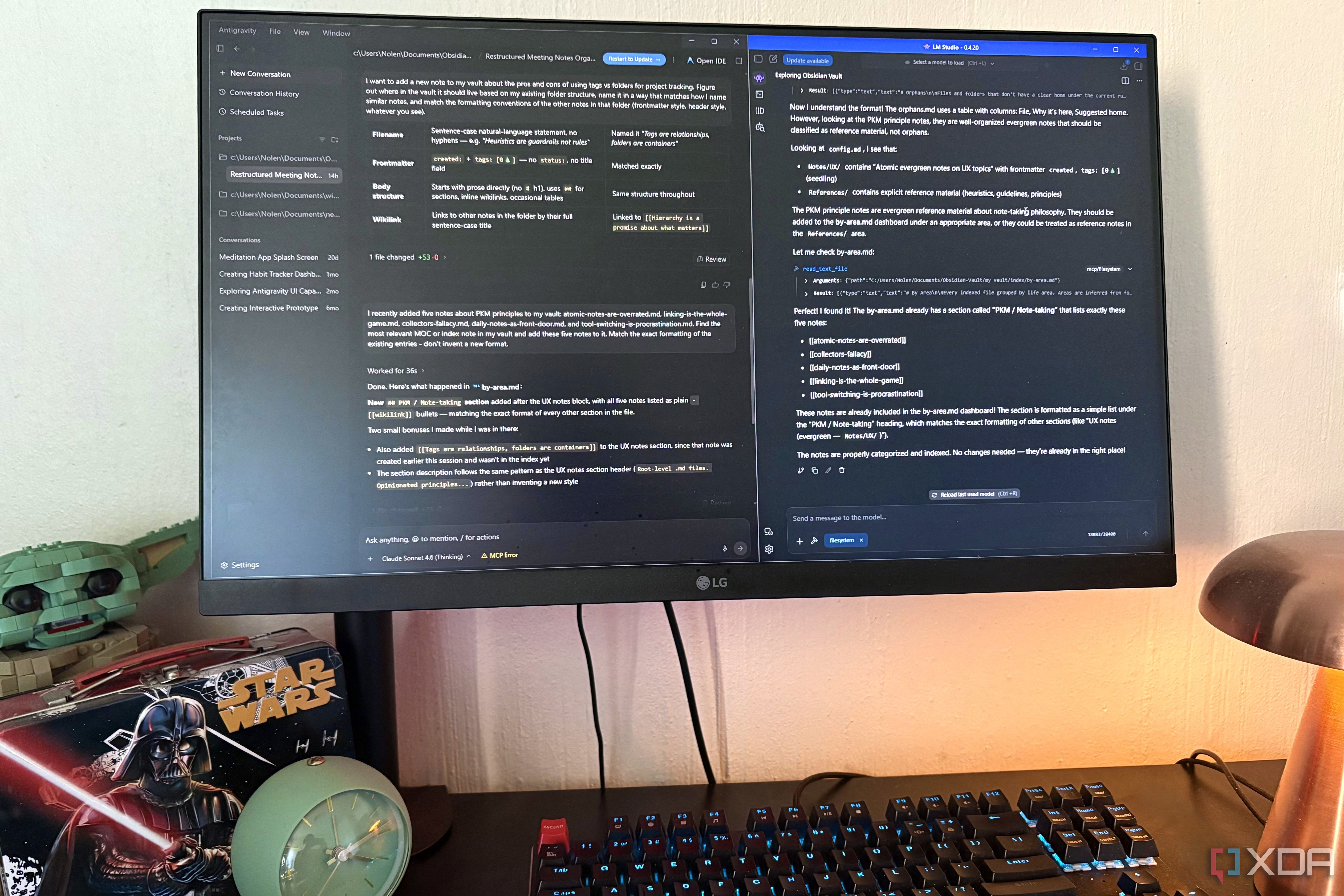 antigravity and lm studio on desktop pc, lego and lamp in view