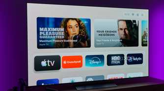 A TV showing the default home page on the AT4K Launcher, showing featured cards and favorite apps on a light background