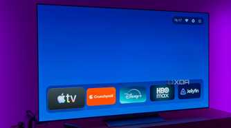 A TV displaying the AT4K Launcher homepage without featured cards and with a favorite app list in its normal size