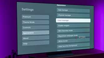 A TV displaying various appearance settings for the AT4K Launcher for Android TV