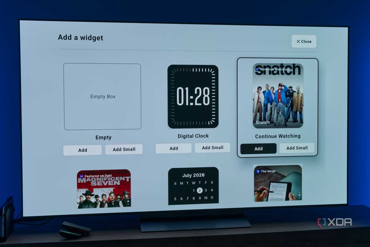 A TV displaying a list of available widgets to add, including an empty box, a digital clock, a "continue watching" card, a Tubi card, a calendar, and an RSS feed