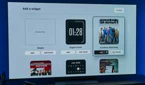 A TV displaying a list of available widgets to add, including an empty box, a digital clock, a "continue watching" card, a Tubi card, a calendar, and an RSS feed