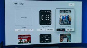 A TV displaying a list of available widgets to add, including an empty box, a digital clock, a "continue watching" card, a Tubi card, a calendar, and an RSS feed