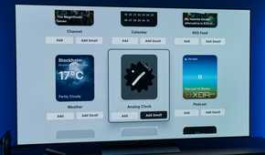 A TV showing more widgets that can be added to the AT4K Launcher homepage, including weather, an analog clock, and a podcast