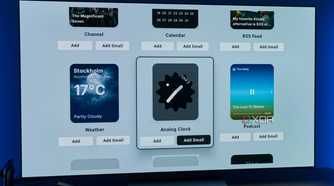 A TV showing more widgets that can be added to the AT4K Launcher homepage, including weather, an analog clock, and a podcast