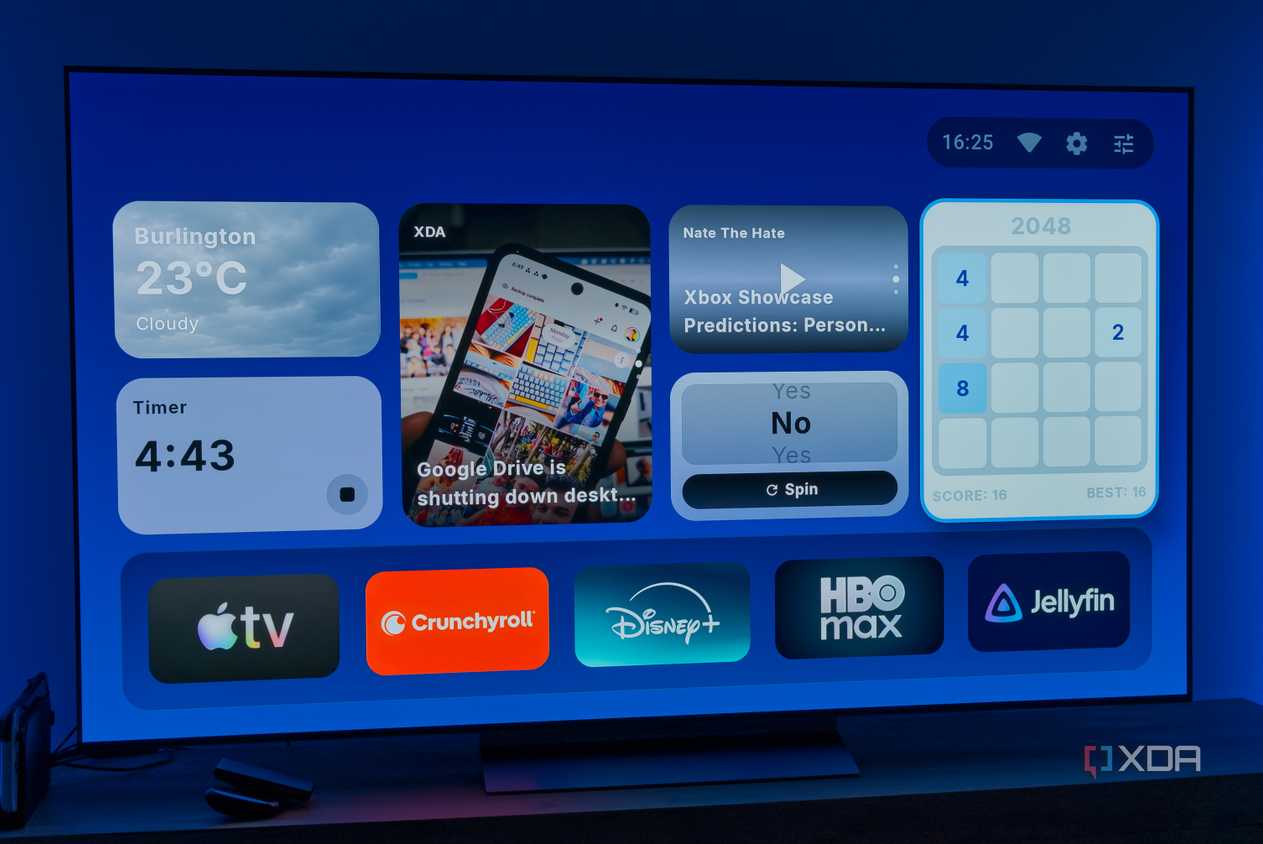 A TV displaying the homepage for AT4K Launcher for Android TV, with a small weather widget, a small timer widget, one full-size RSS feed widget for XDA, a small podcast widget, a small "Yes or no" spinner, and a 2048 game widget