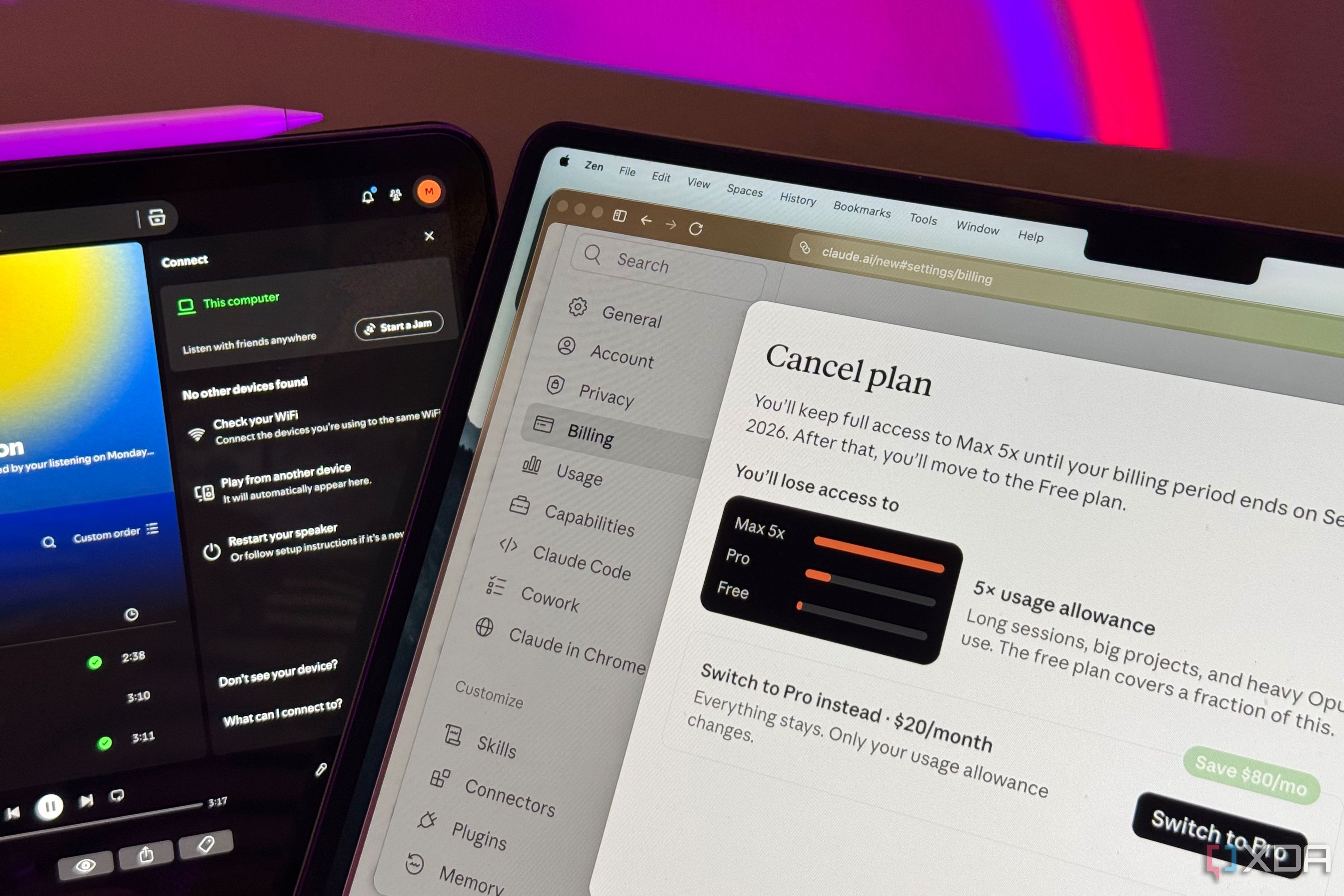 Browser Claude.ai billing cancel plan dialog next to iPad Spotify