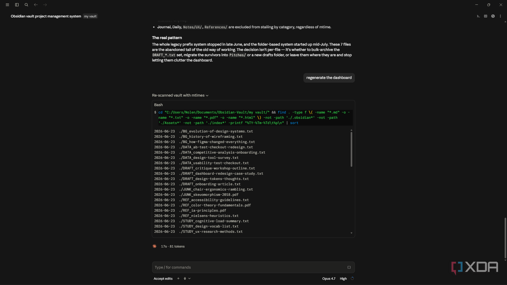 claude code re-scanning vault with find and mtimes