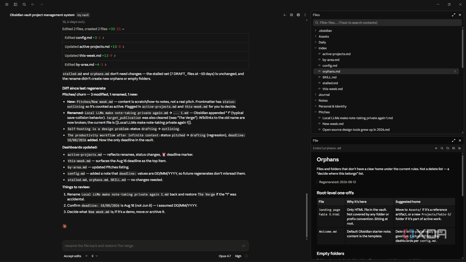 Перегенерация Markdown-файлов через Claude Code claude code regenarating md files with changes in vault