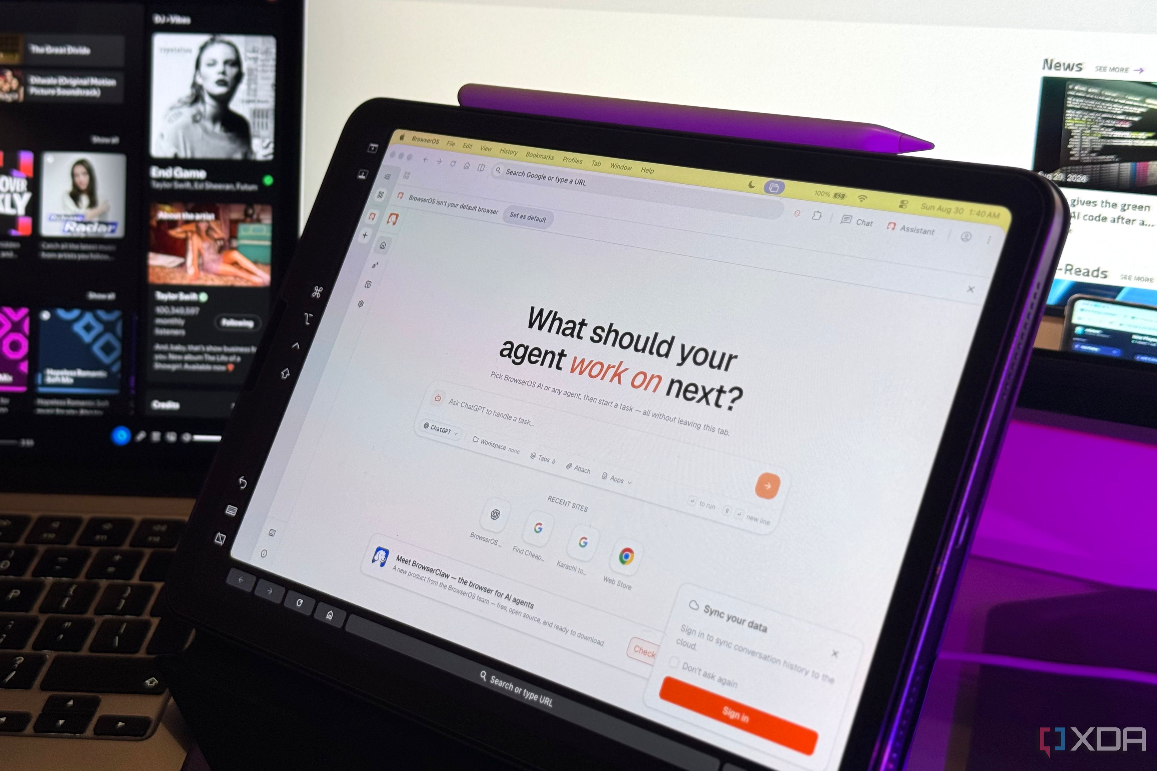 Close-up of BrowserOS on an iPad with a ChatGPT agent prompt box and a purple Apple Pencil on top