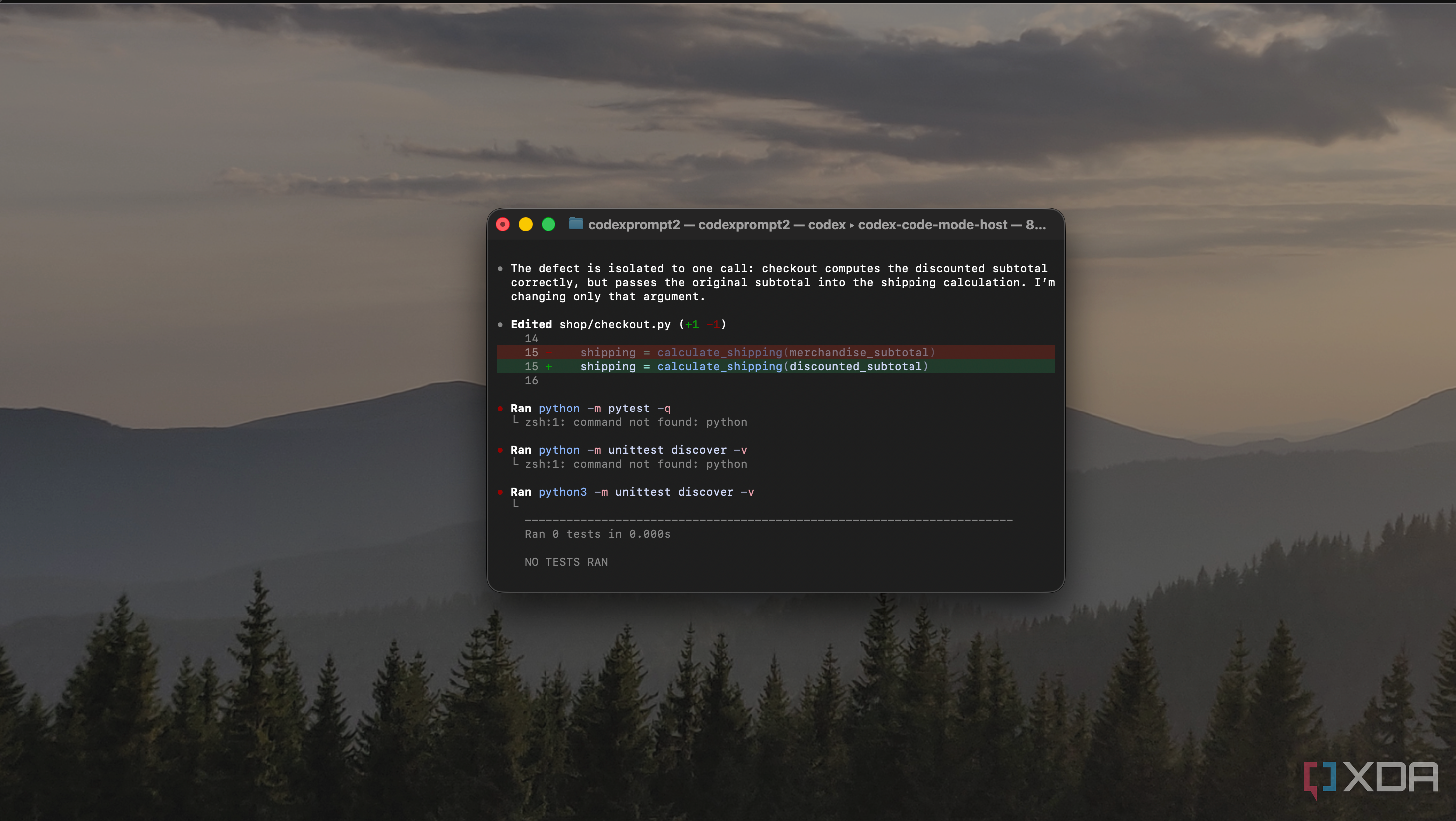 Codex CLI diff in checkout.py switching calculate_shipping to use discounted_subtotal instead of merchandise_subtotal
