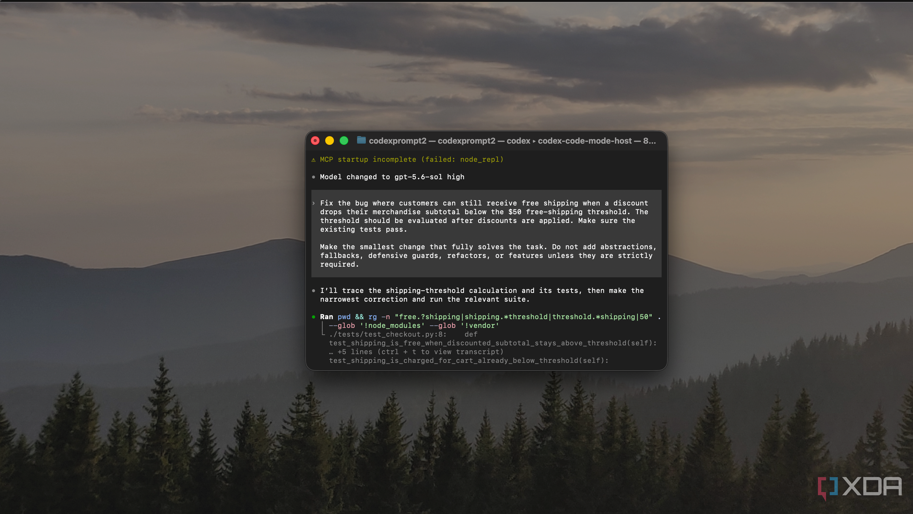 Codex CLI given task to fix free-shipping threshold bug, searching test_checkout.py for the shipping logic
