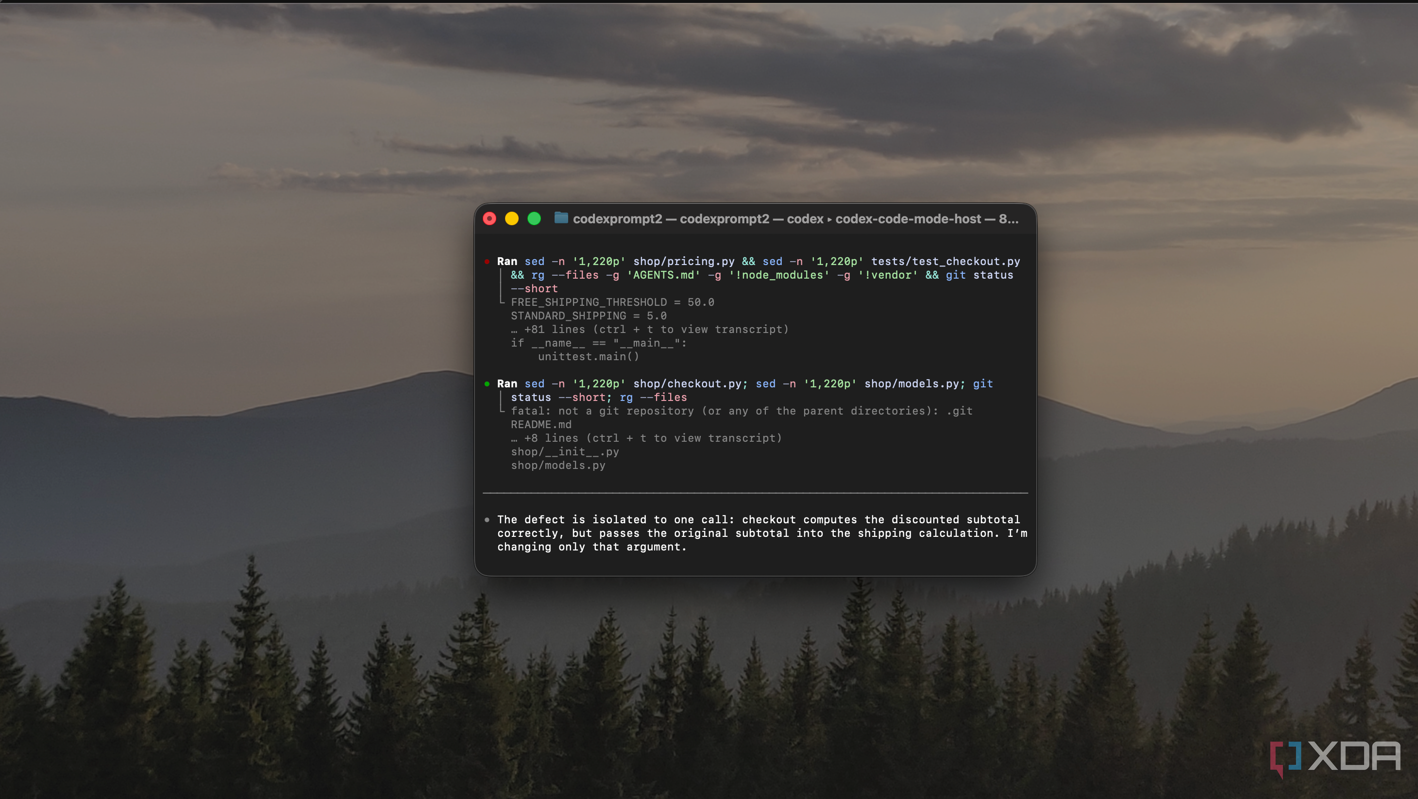Codex CLI reading pricing.py, checkout.py, and models.py to isolate the shipping discount bug