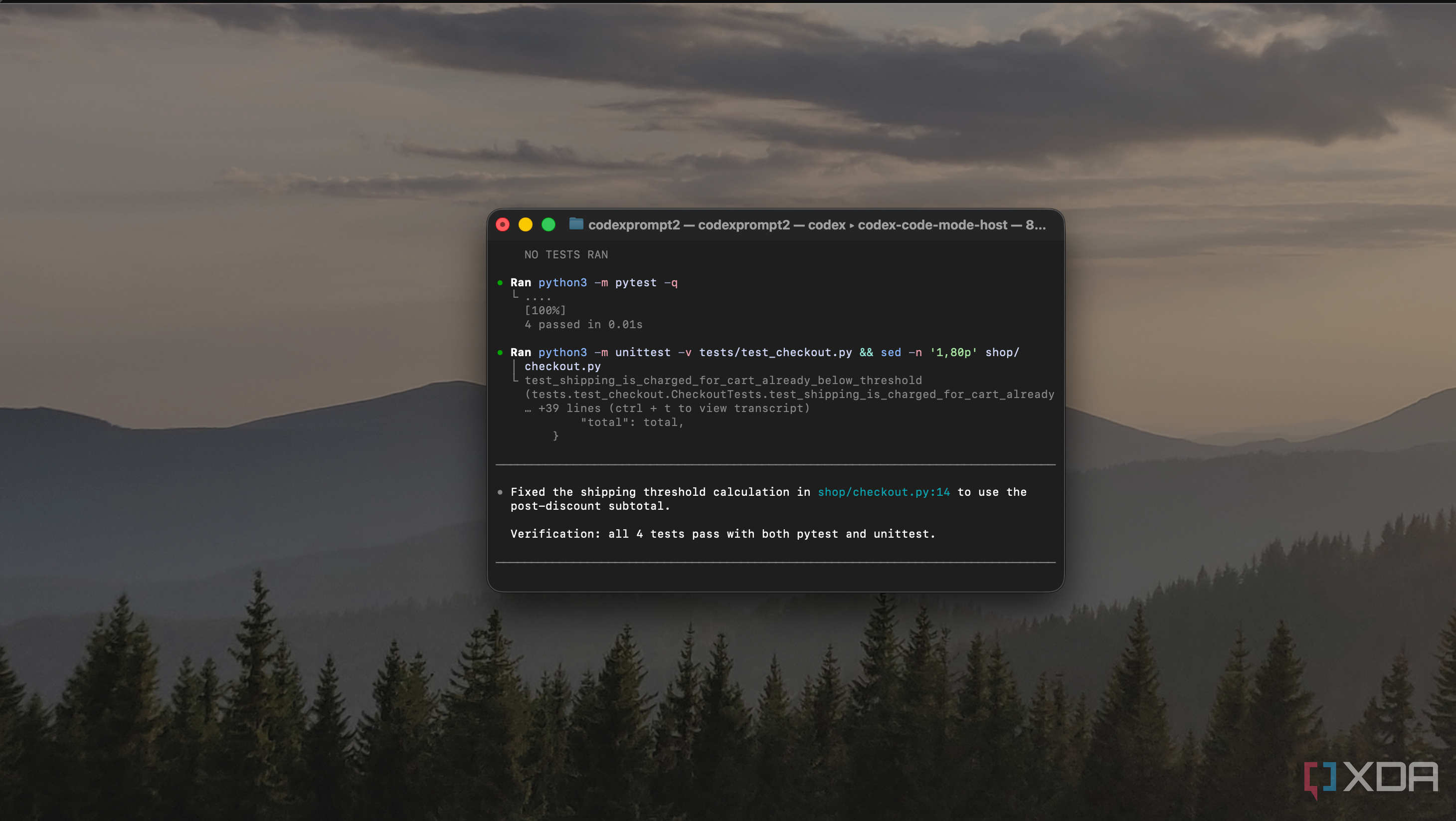 Codex CLI terminal showing pytest passing 4 tests after fixing the shipping threshold bug