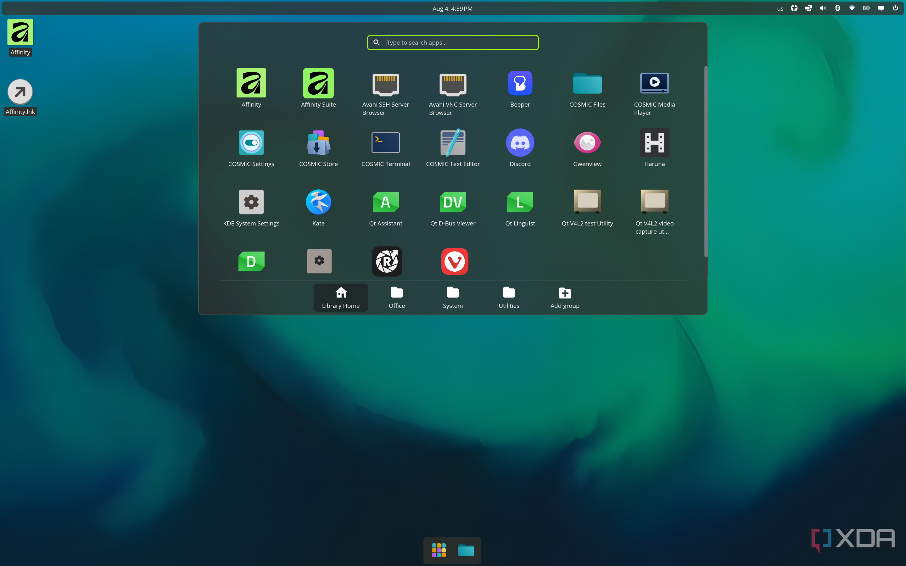 Screenshot of the COSMIC desktop showing the applications menu