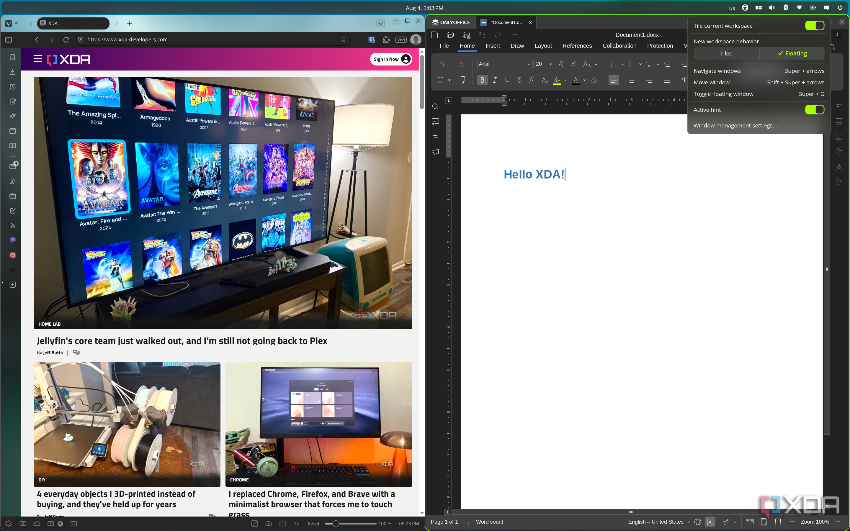 Screenshot of a COSMIC desktop with two apps open side-by-side in a tiling layout, with the window management flyout open