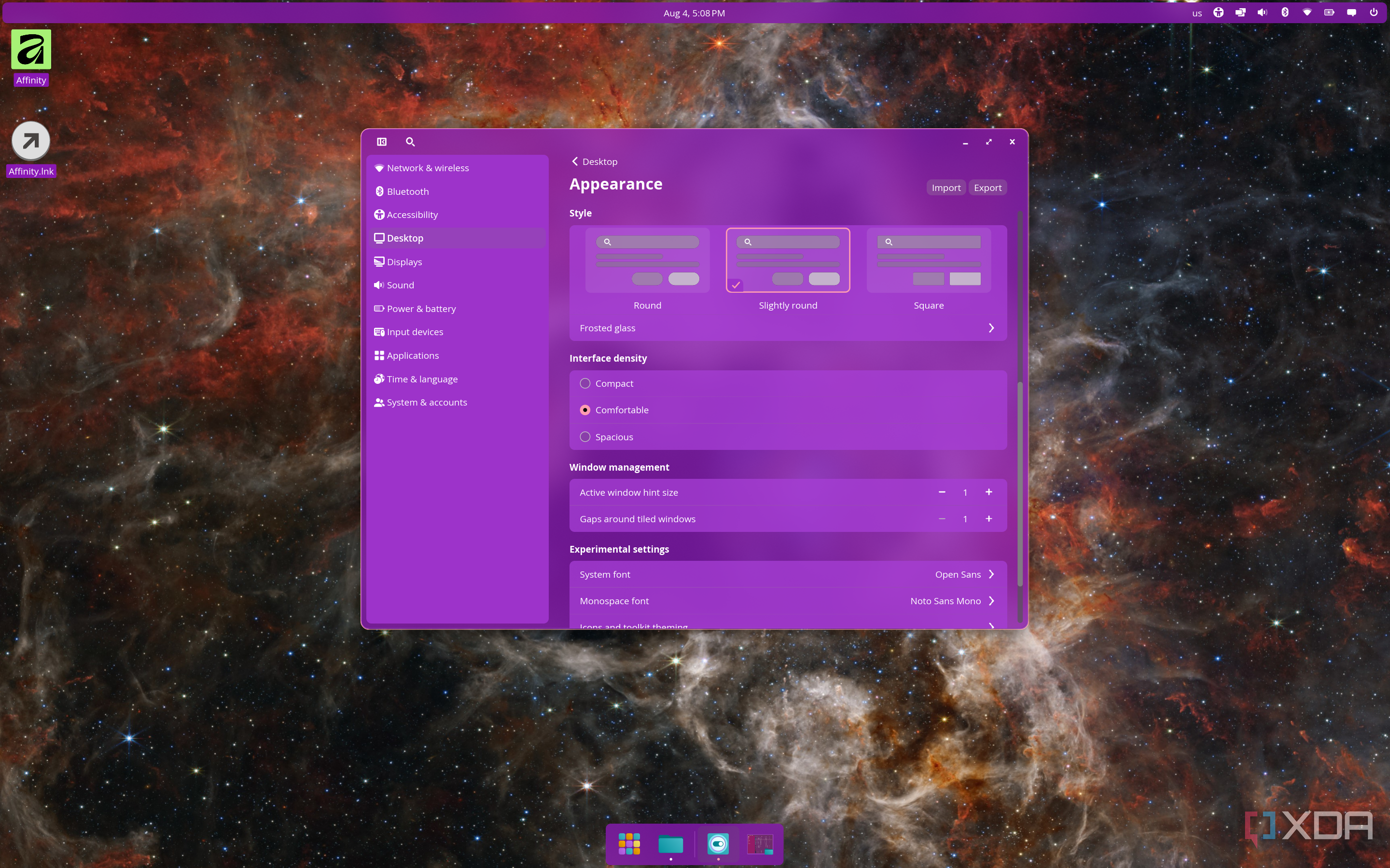 Screenshot of COSMIC Settings showing appearance settings such as UI density, roundedness, and fonts. The app and desktop display a purple theme with the frosted glass effect applied