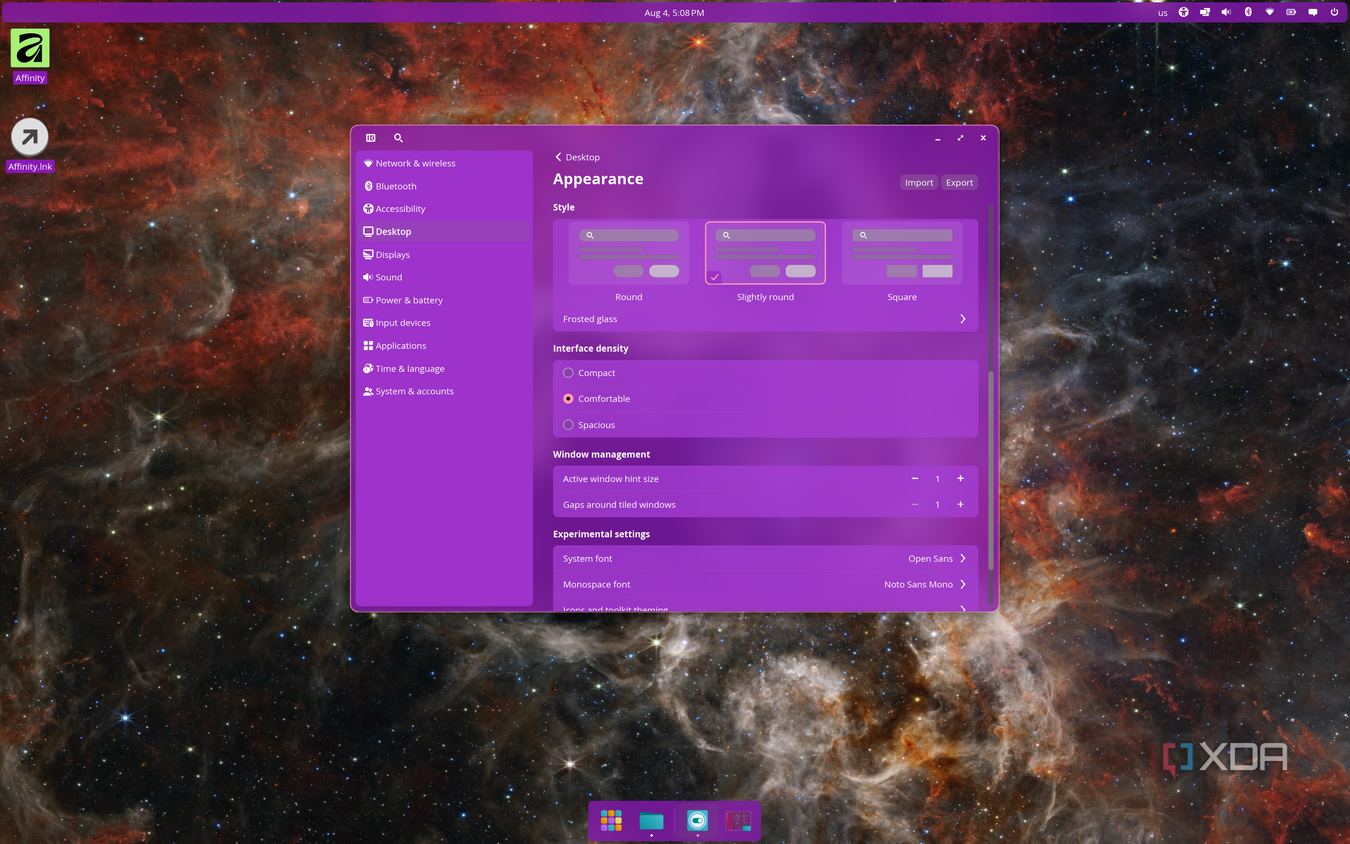 Переход на COSMIC: почему я сменил рабочий стол в Linux Screenshot of COSMIC Settings showing appearance settings such as UI density, roundedness, and fonts. The app and desktop display a purple theme with the frosted glass effect applied