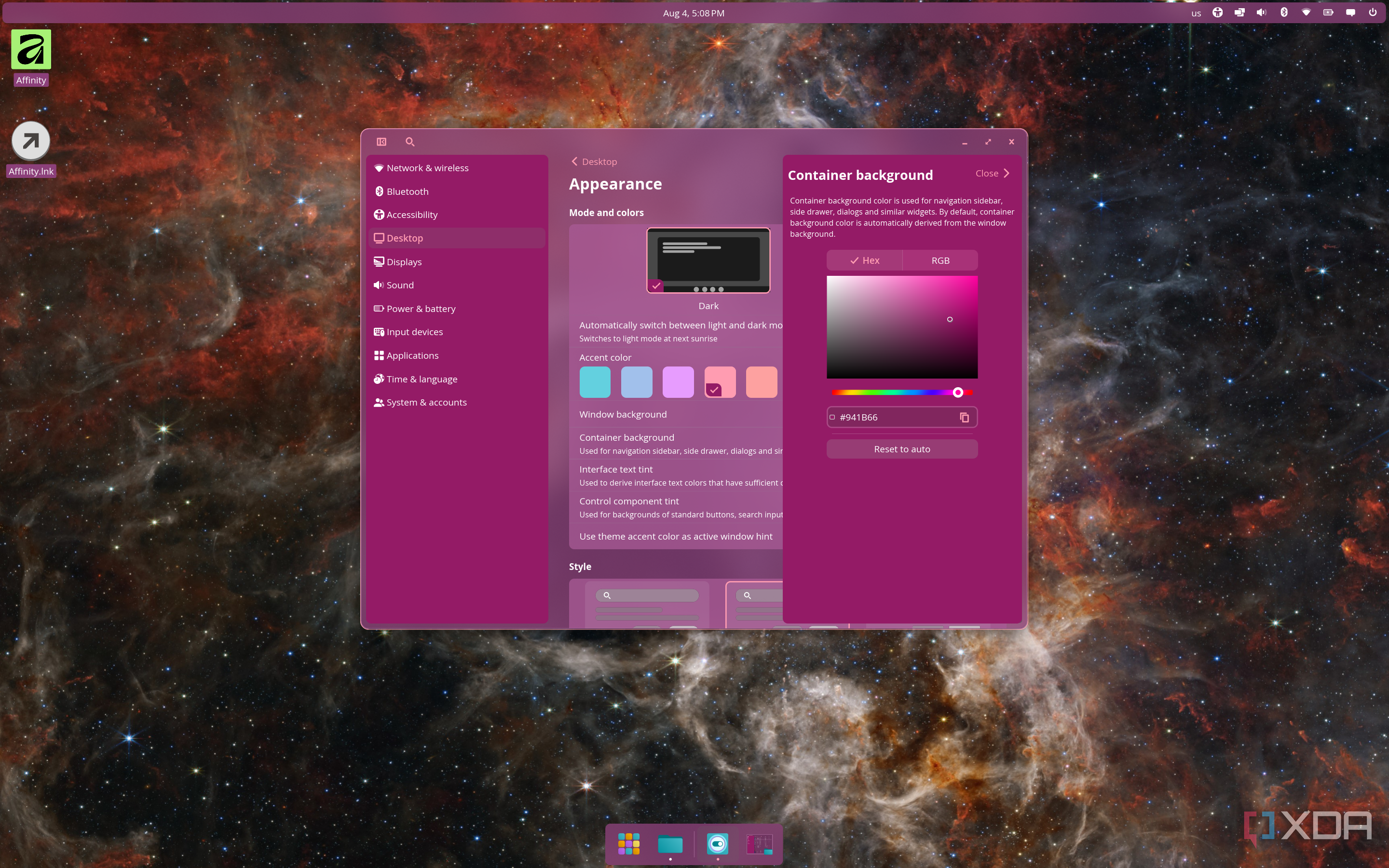 Screenshot of COSMIC Settings picking a container background color, set to pink, with a general pink theme and a frosted glass effect applied