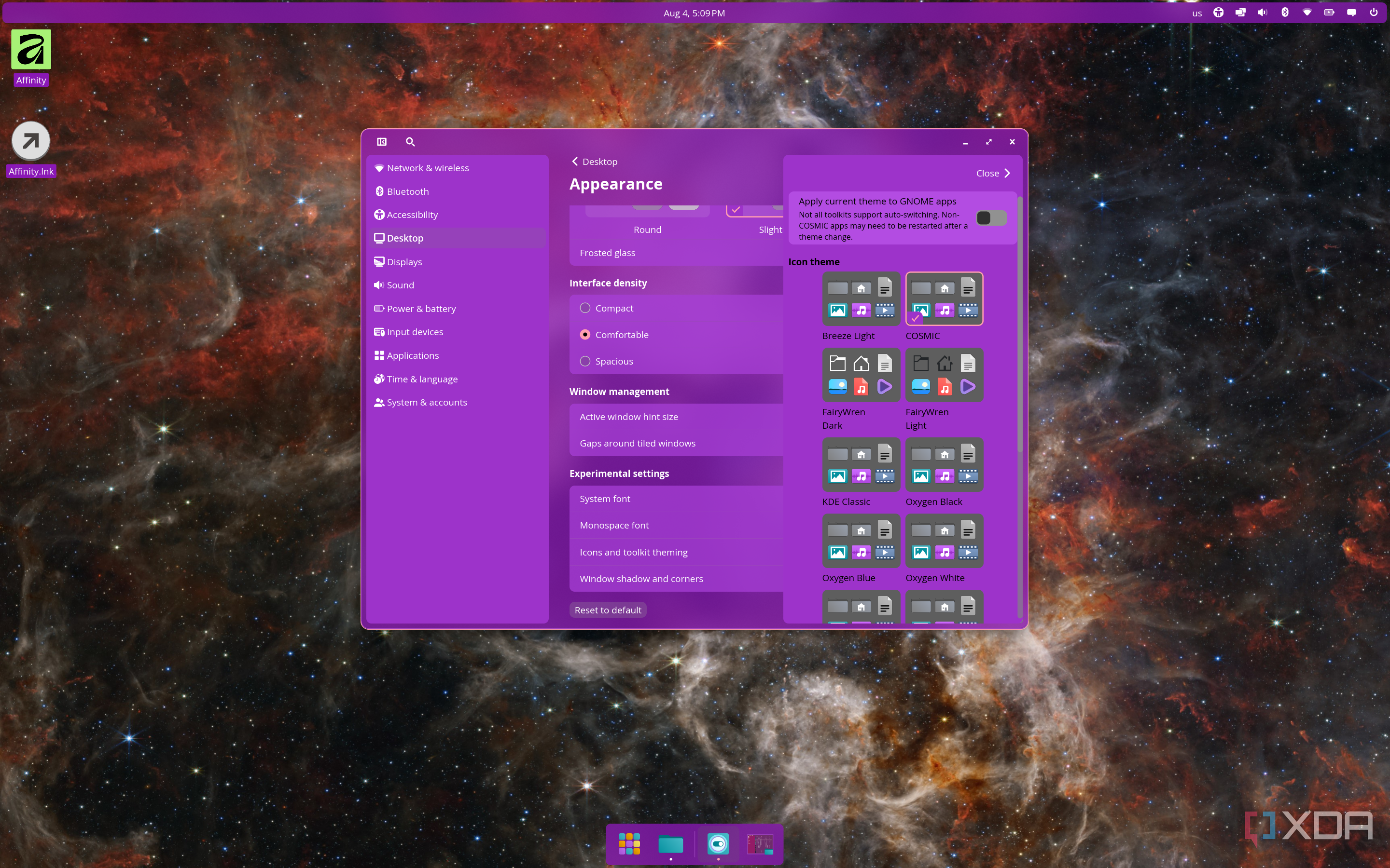 Screenshot of COSMIC Settings showing appearance settings, with a sub-menu for picking the icons to be used for apps. The app and desktop display a purple theme with the frosted glass effect applied