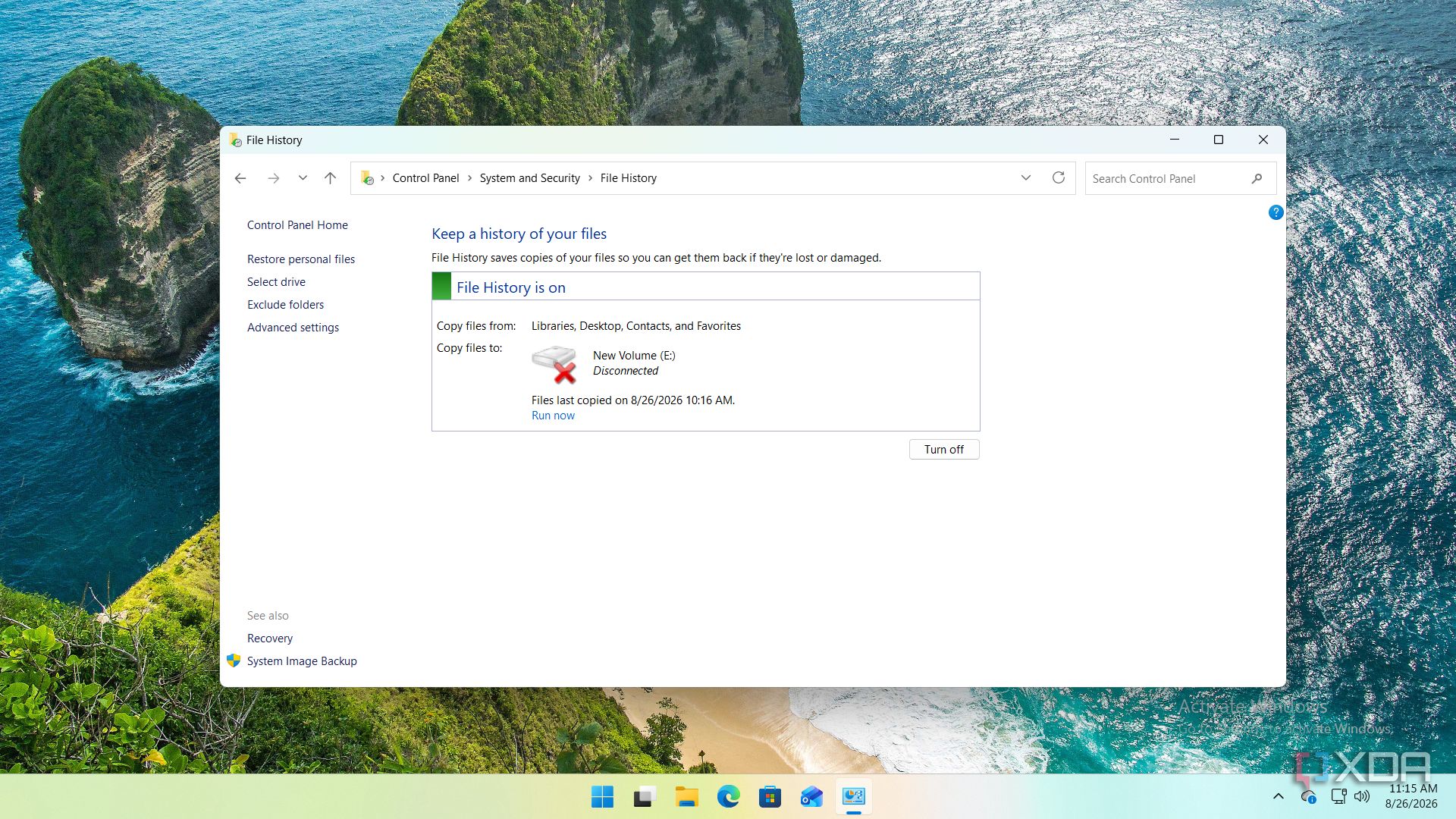 screenshot of file history inactive