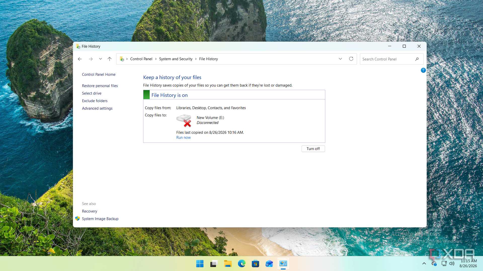 screenshot of file history inactive