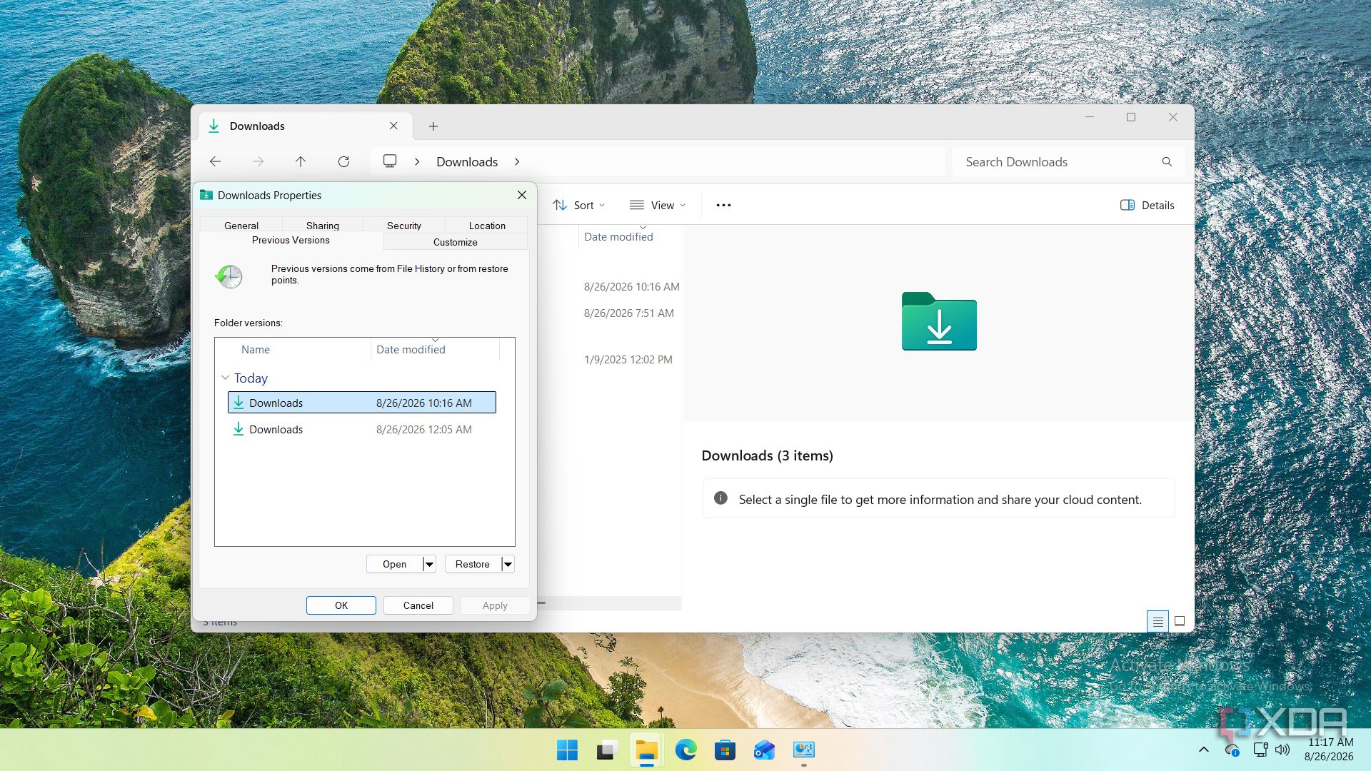 screenshot of file history restore