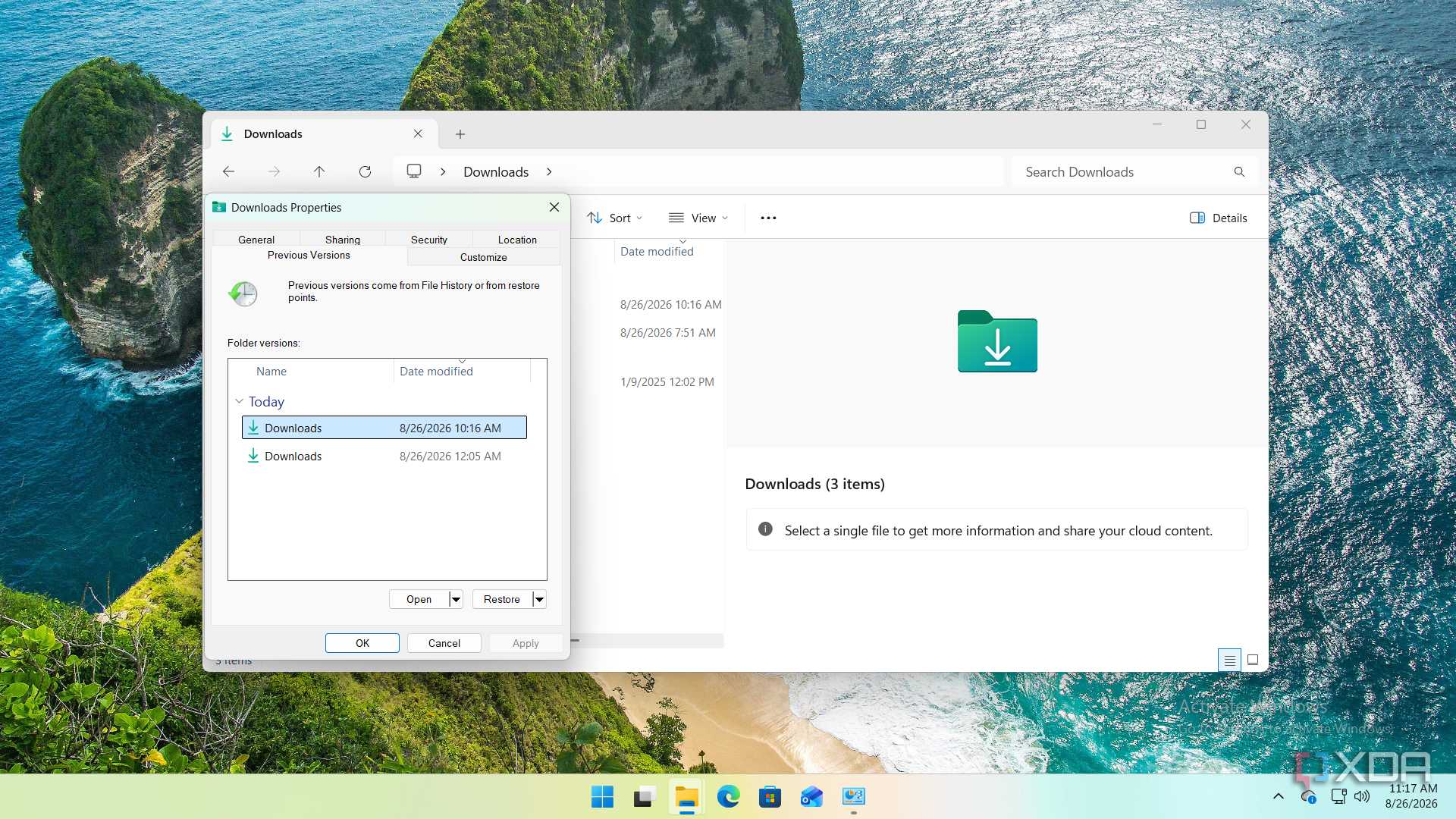 screenshot of file history restore