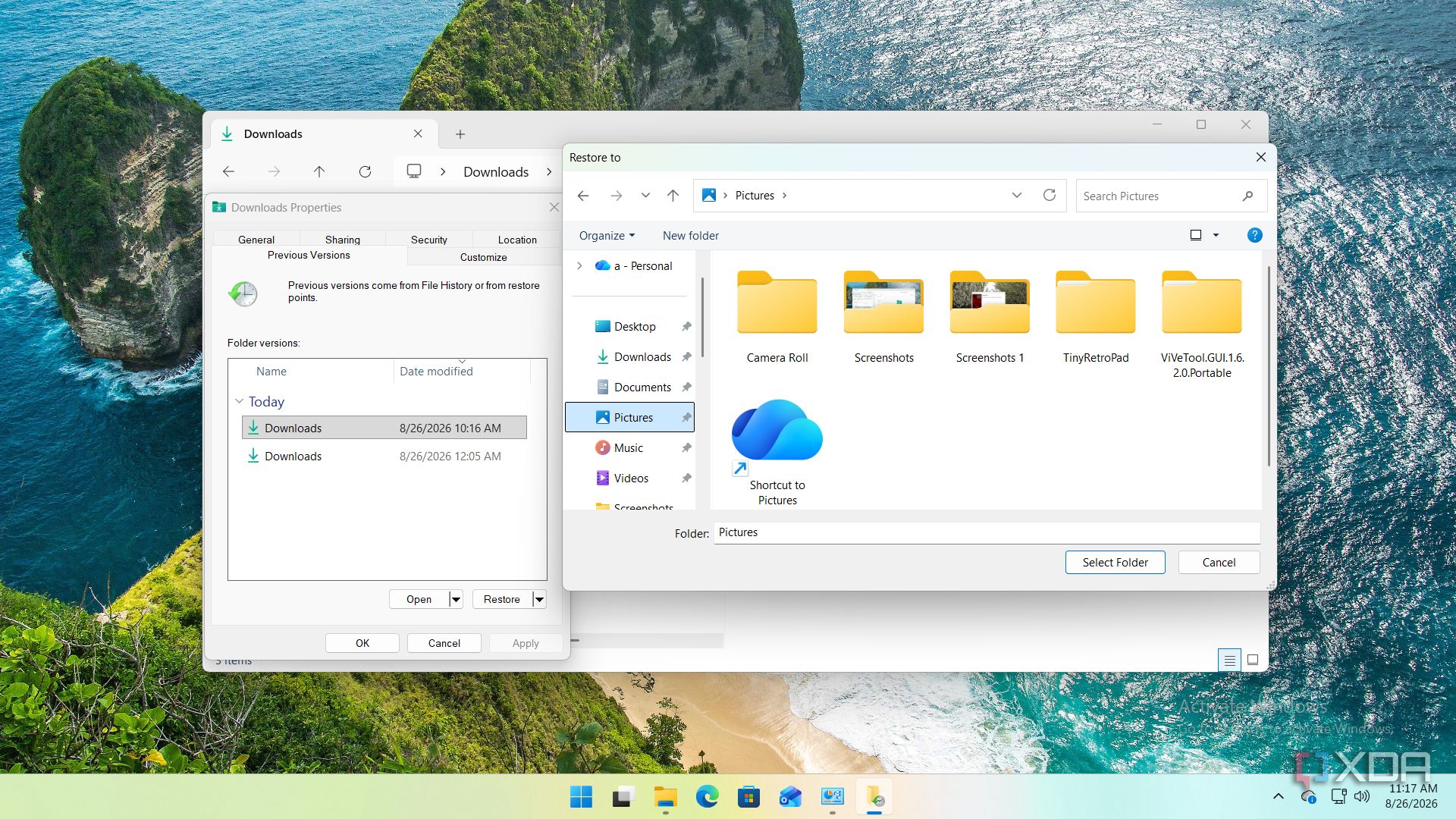 screenshot of file history restored