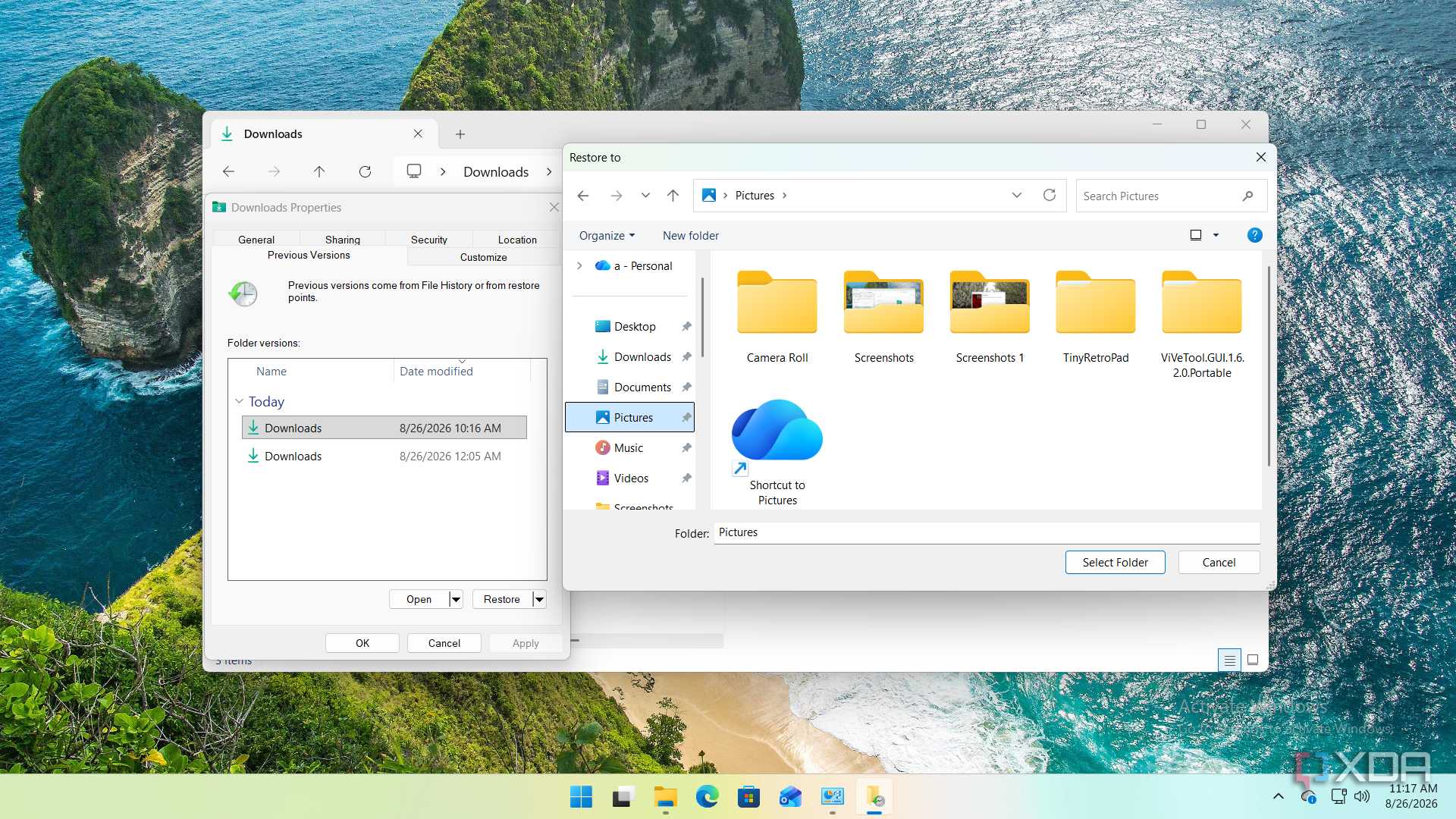 screenshot of file history restored