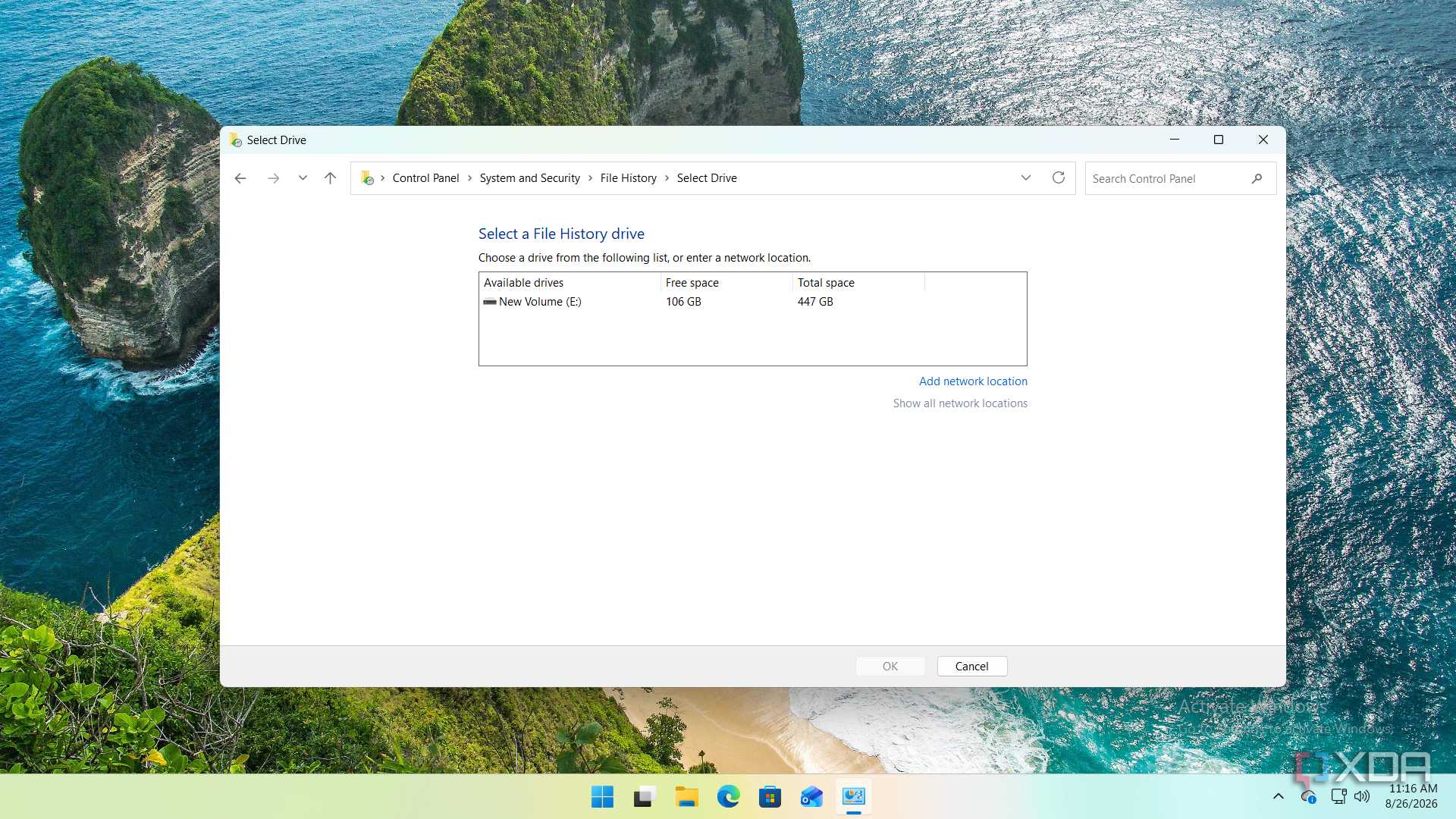 screenshot of file history select drive
