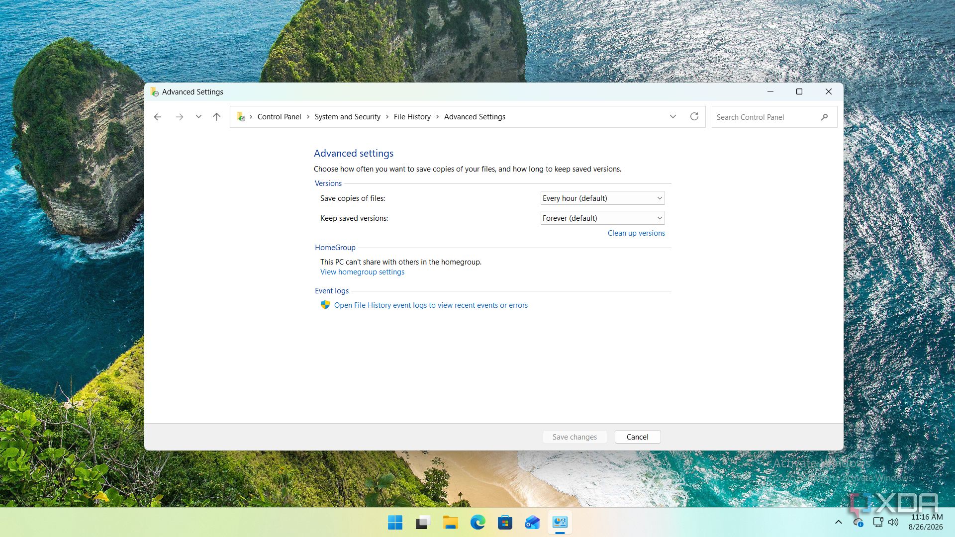 screenshot of file history settings