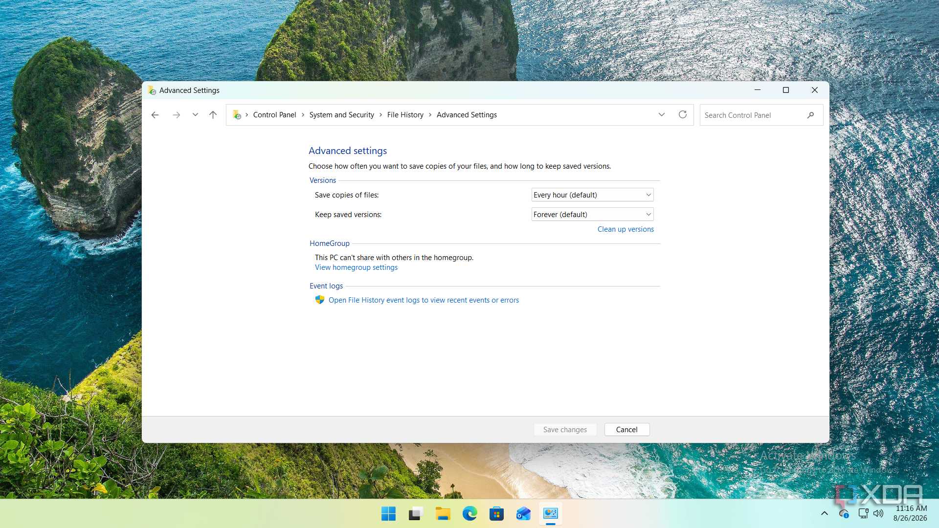 screenshot of file history settings